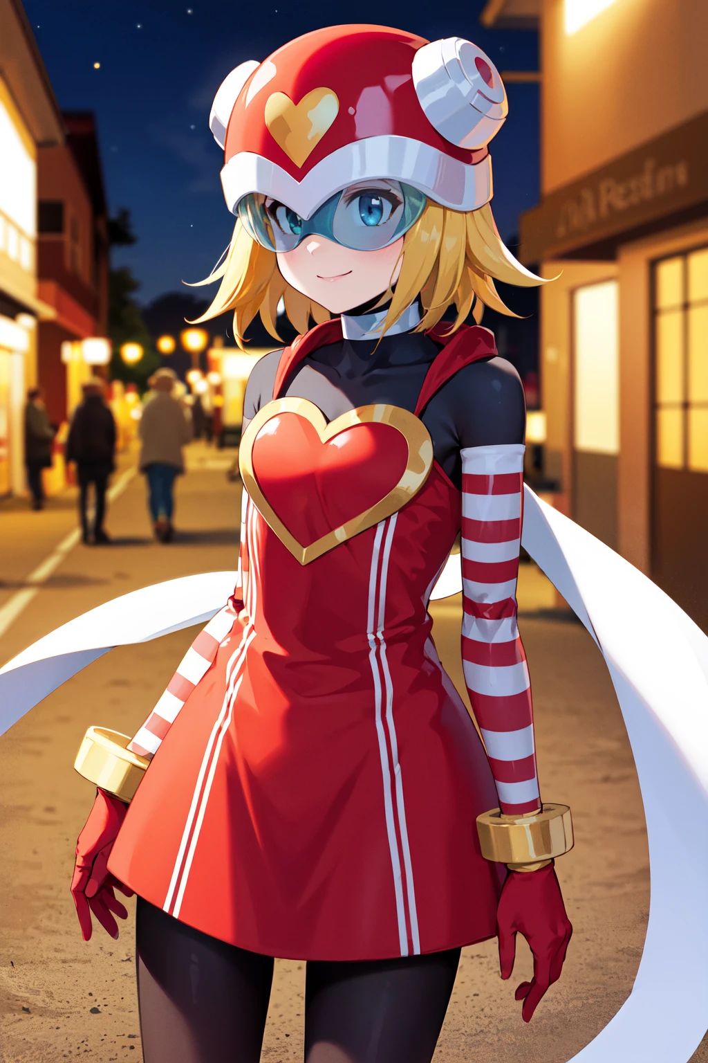 masterpiece, best quality, highres, 1girl, solo, short hair, blonde hair, helmet, red headwear, goggles, white choker, white scarf, bodysuit, red dress, heart, striped, bracelet, red gloves, black pantyhose, <lora:hibiki_misora_(harp_note)_v1:0.7>, standing, cowboy shot, arms at sides, street, night, smile