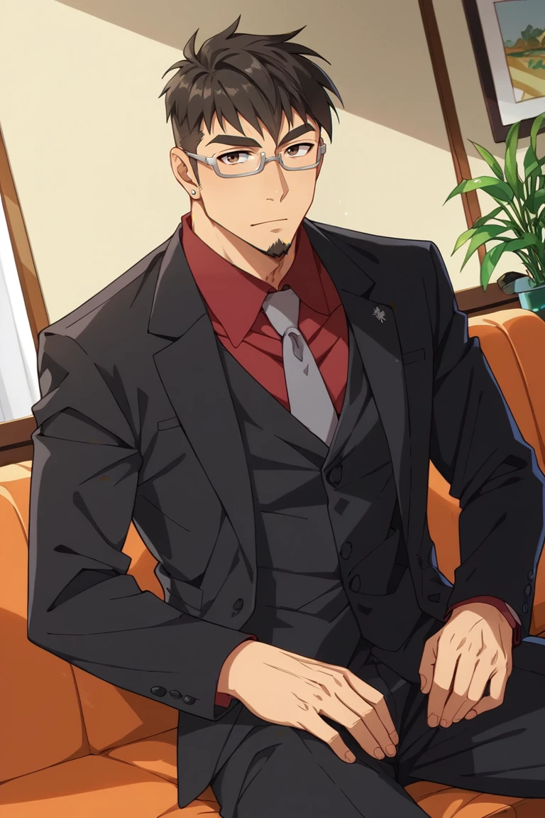 score_9, score_8_up, score_7_up, score_6_up, source_anime\(GREAT PRETENDER razbliuto\), perfect anatomy, perfect proportions, best quality, masterpiece, high_resolution, high quality, aesthetic, absurdres, (male focus), solo male, Jay Chiang, black hair, short hair, dark brown eyes, thick eyebrows, sideburns, facial hair, goatee, silver frame glasses, 3-piece suit, red collared shirt, grey necktie, black vest, black jacket, black pants, mature, masculine, manly, handsome, charming, alluring, look at viewer, sitting, upper body, dutch angle, cowboy shot, hotel room, indoor<lora:EMS-422149-EMS:0.800000>