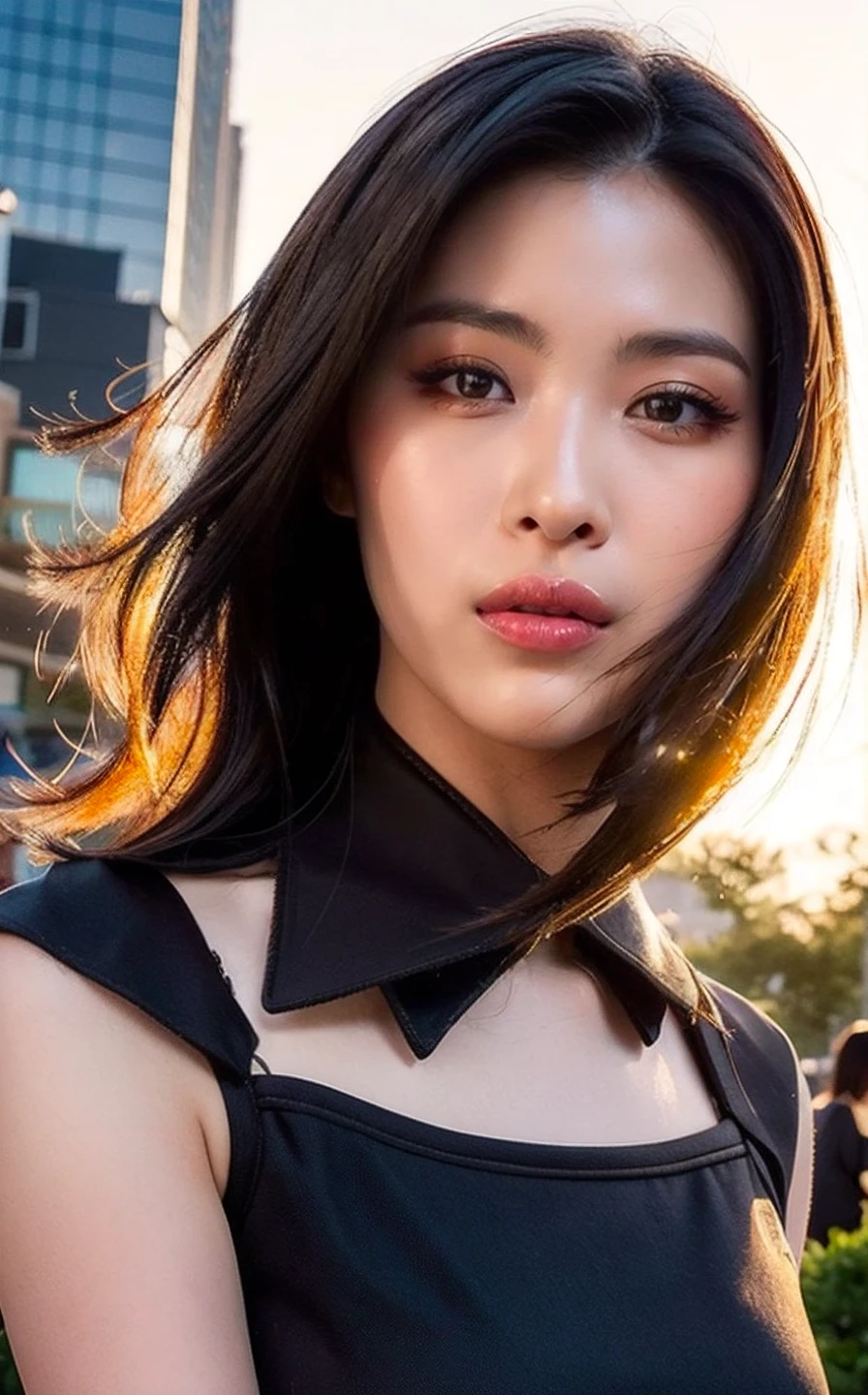 ,, (realistic), (hyperrealism), (photorealistic:1.4), 1girl, looking at the viewer, eye makeup, detailed eyes, detailed face, (upper body:1.2), detailed background, black dress, walking at the streets, sunset, (windy:1.2) <lora:Ryujin_V1:1> RyuJ!N