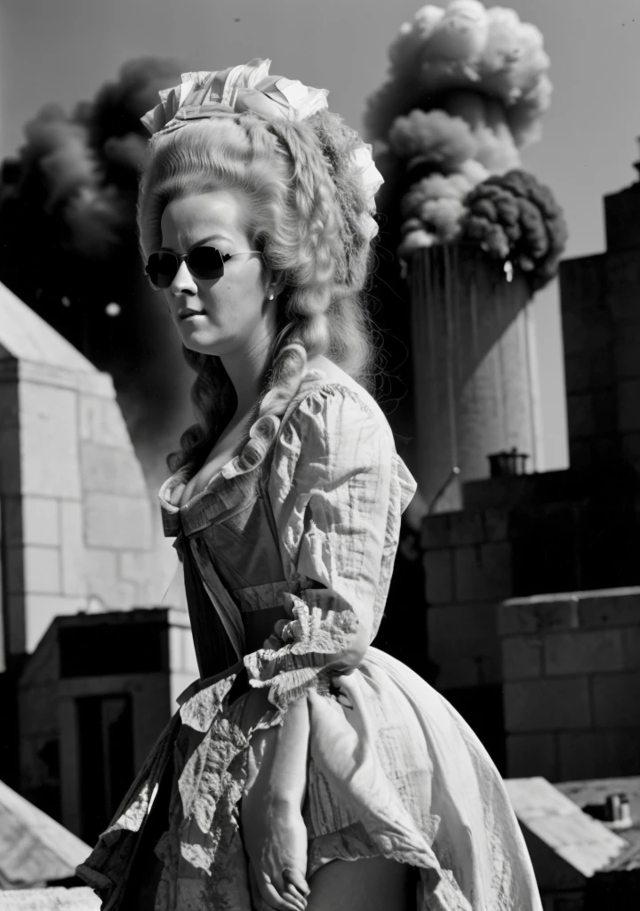 Marie Antoinette, action movie poster, explosion in background, wearing aviator shades