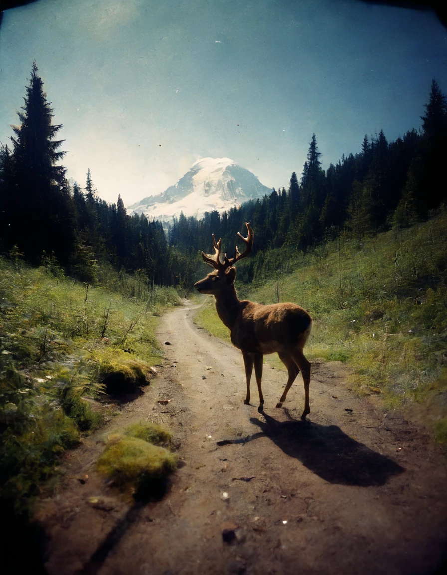 pinhole photo of Washington state deer on a forest trail with a distant view of Mount Rainier