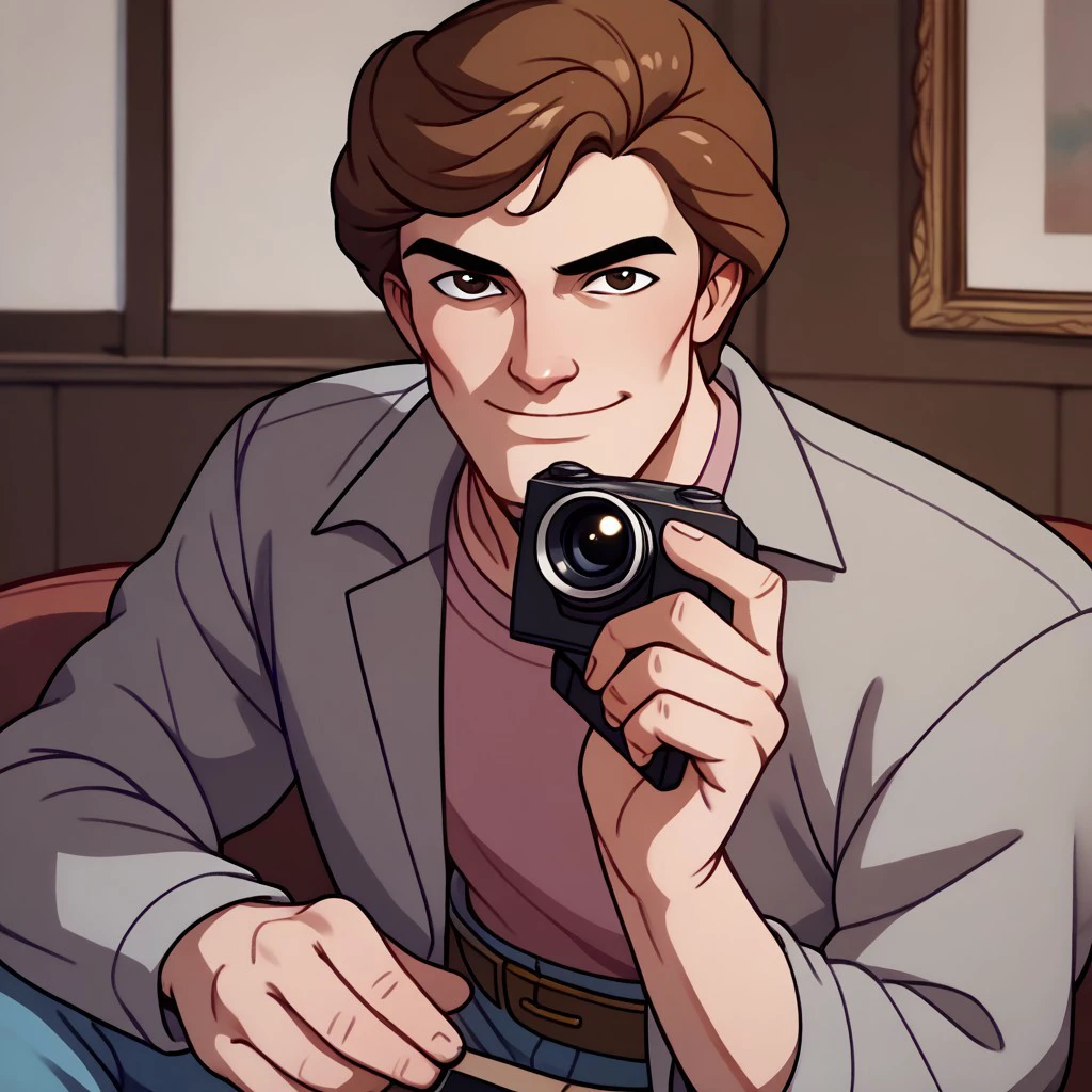 score_9, score_8_up, score_7_up BREAK PeterTAS, 1boy, brown hair, brown eyes, open gray jacket, pink tucked undershirt, brown belt, golden buckle, jeans, gray shoes, smiling at viewer, holding photo camera,