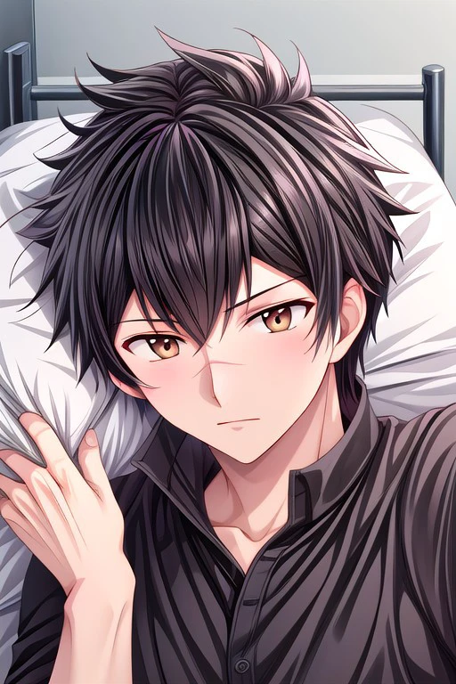 high resolution, solo, best quality, 1Boy, Kanata Hoshijima, Black hair, Brown Eyes, Lying on bed, sensual, relaxed, inviting,