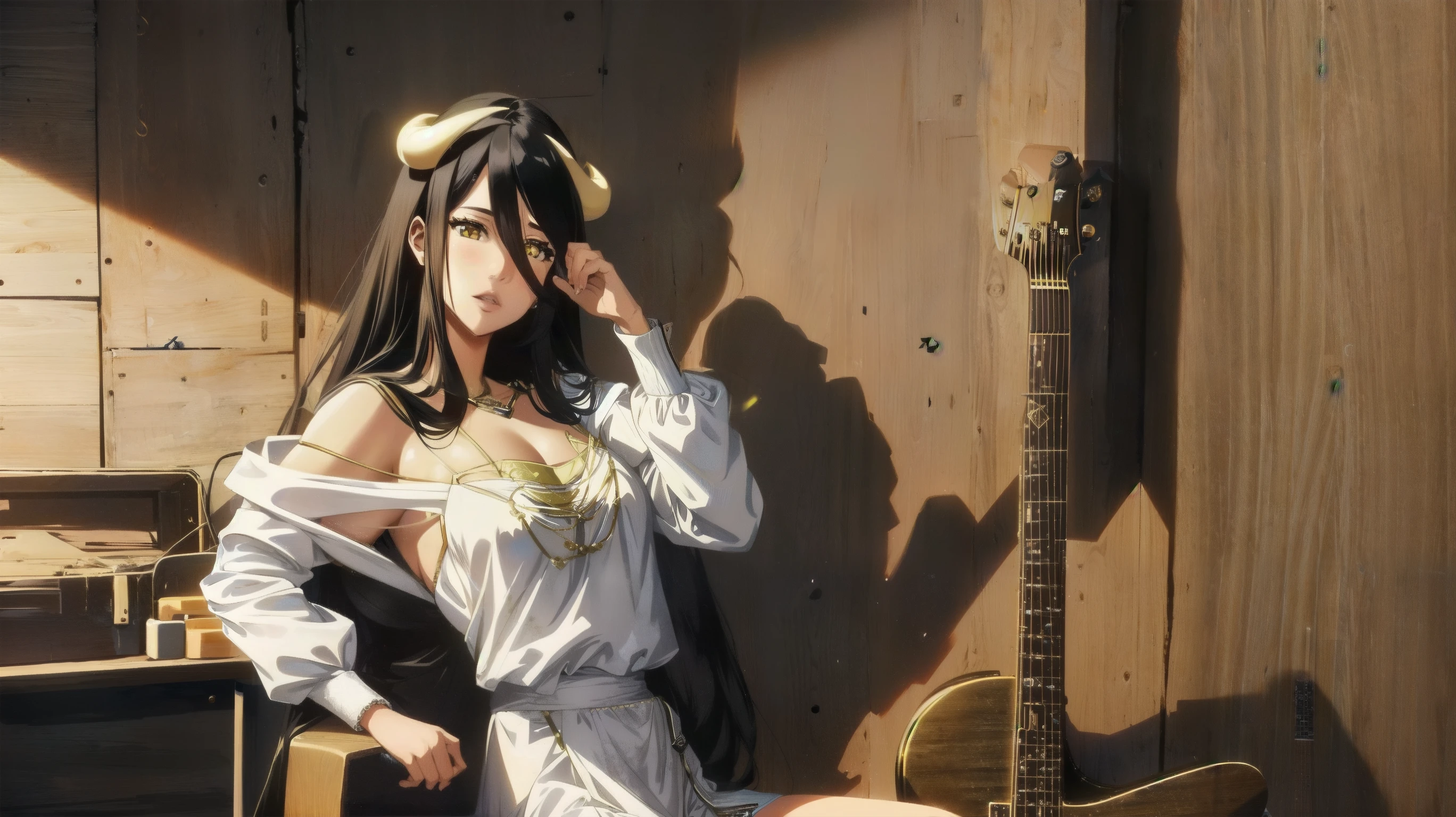 1girl, albedo, sitting on a chair, playing a guitar, electric guitar, (looking at camera:1.1), (girl's room:1.1),  <lora:albedo:1>, horns, yellow eyes, wings on the back, waist up