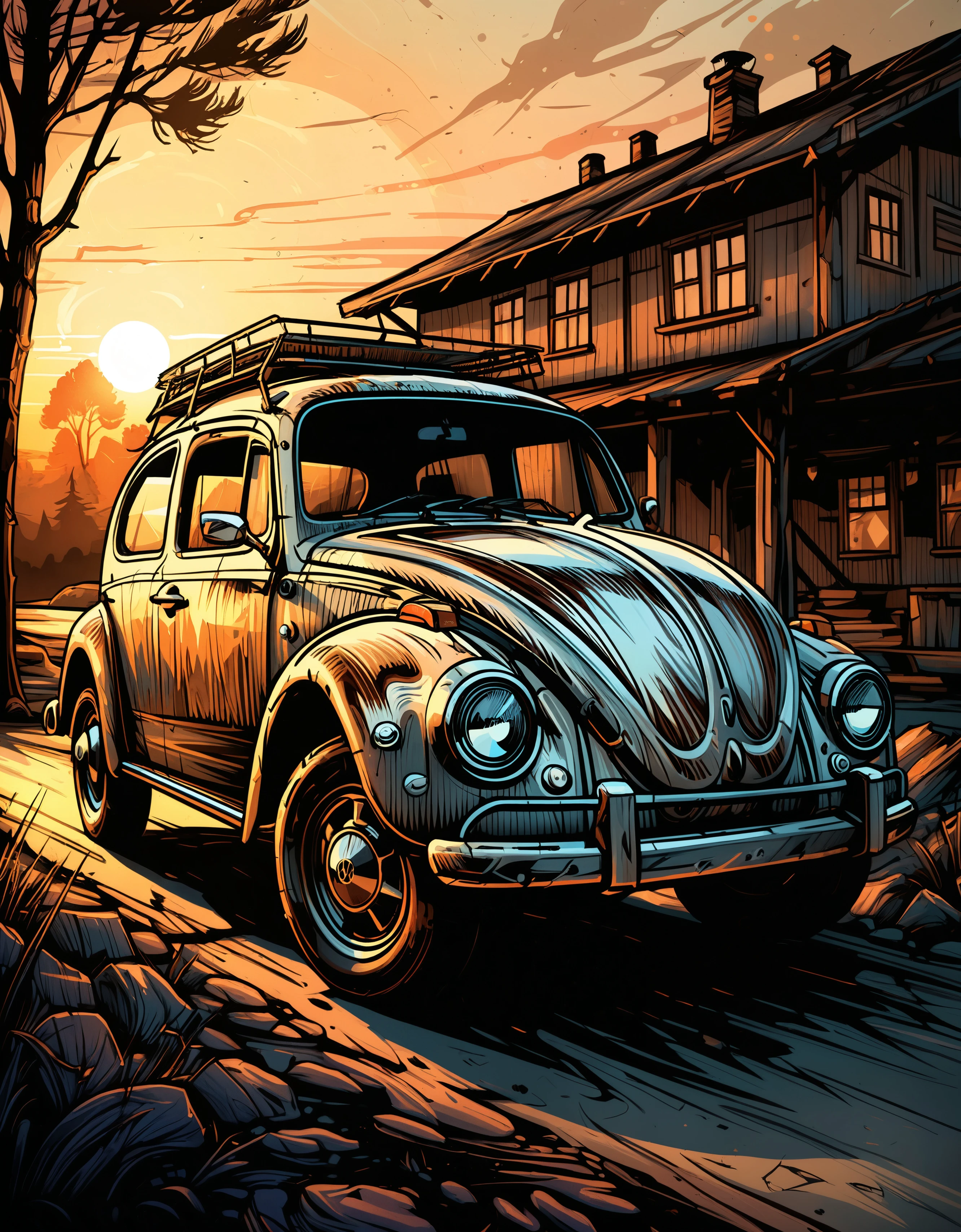 zavy-fltlnpnt, lineart, cel-shaded graphics, Extreme Rustic Volkswagen, at Sunset, shallow depth of field, monotype, F/14, Muted Colors, luxurious, polished, fine detail, dynamic dramatic beautiful full taking, contemporary fine detail, ambient atmosphere, vibrant, stunning