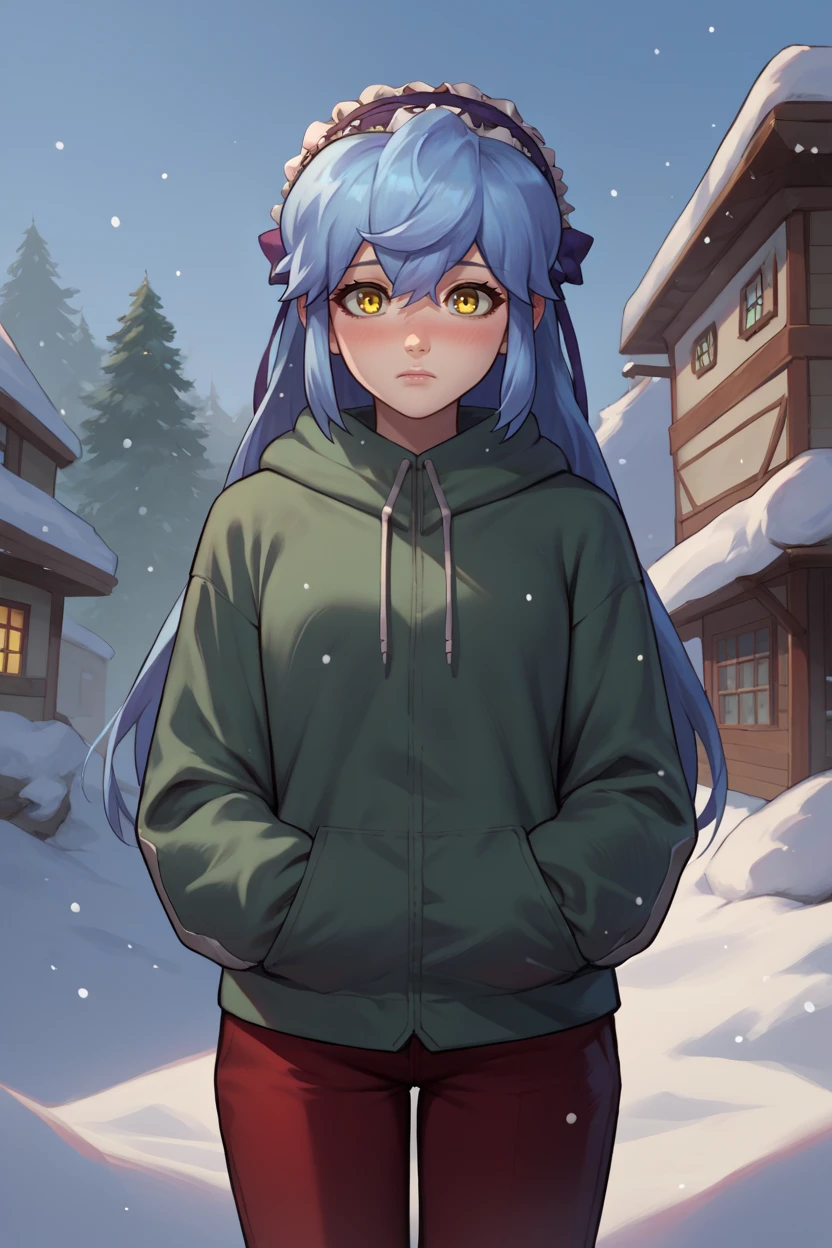 score_9, wisespeak, score_7_up, score_6_up, source_anime, 1girl, solo,  <lora:xfkatrina-pdxl-nvwls-v1-000005:1> xfKatrina, blue hair, yellow eyes, long hair, hairband, green hoodie, sleeves past wrists, red pants, snow, winter, looking at you, blush