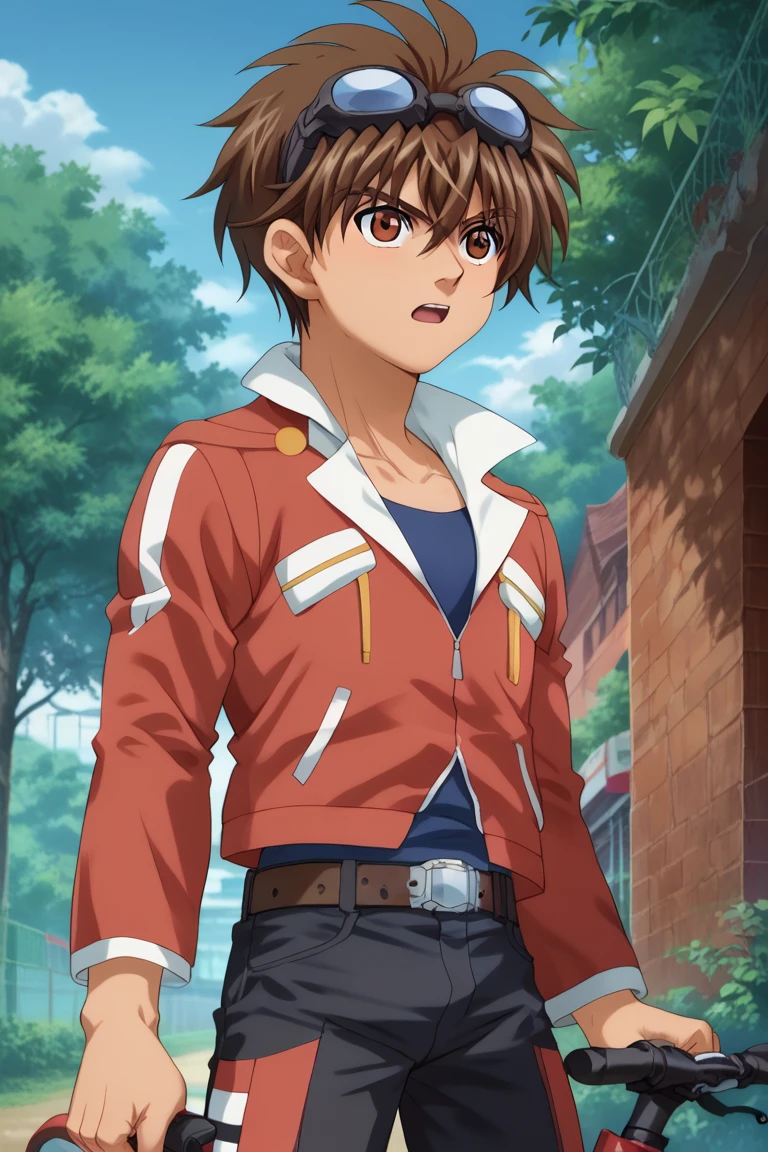 score_9, score_8_up, score_7_up, score_6_up, detailed, intricate details,best quality ,source_anime, cowboy shot,
dan_gi, brown hair, brown eyes, red collared_jacket, closed jacker, blue shirt, black pants, goggles on head, 1boy, male focus, solo, ground vehicle, bicycle, goggles, open mouth, belt, sky, tree, day<lora:EMS-422566-EMS:1.000000>