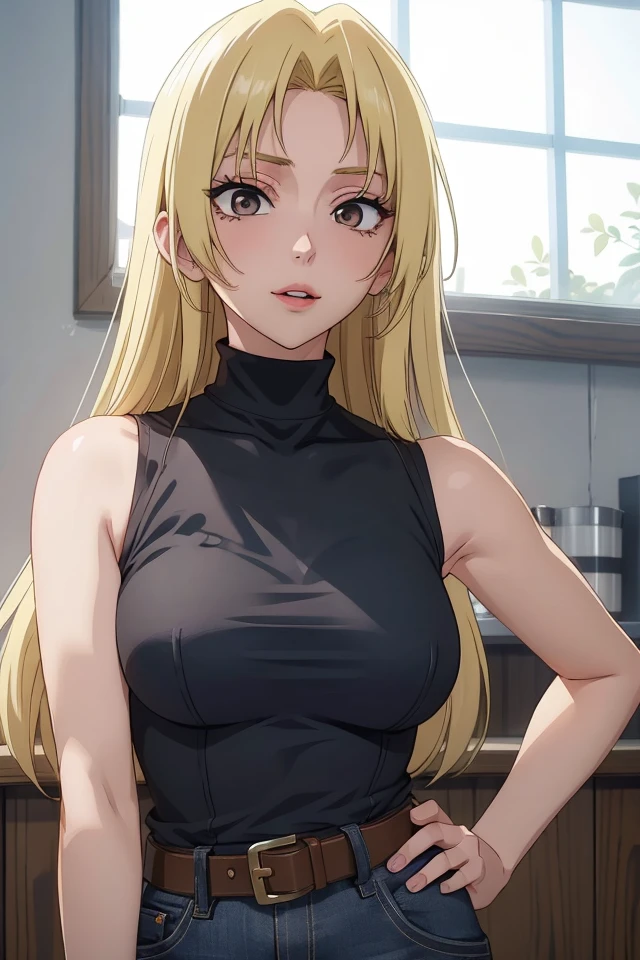 (JK_Yuki_Tsukumo), blonde hair, long hair, solo, breasts, 1girl, bangs, brown eyes, parted bangs, straight hair, makeup, pink lips, eyelashes, Black sleeveless turtleneck vest, blue jeans, black belt,