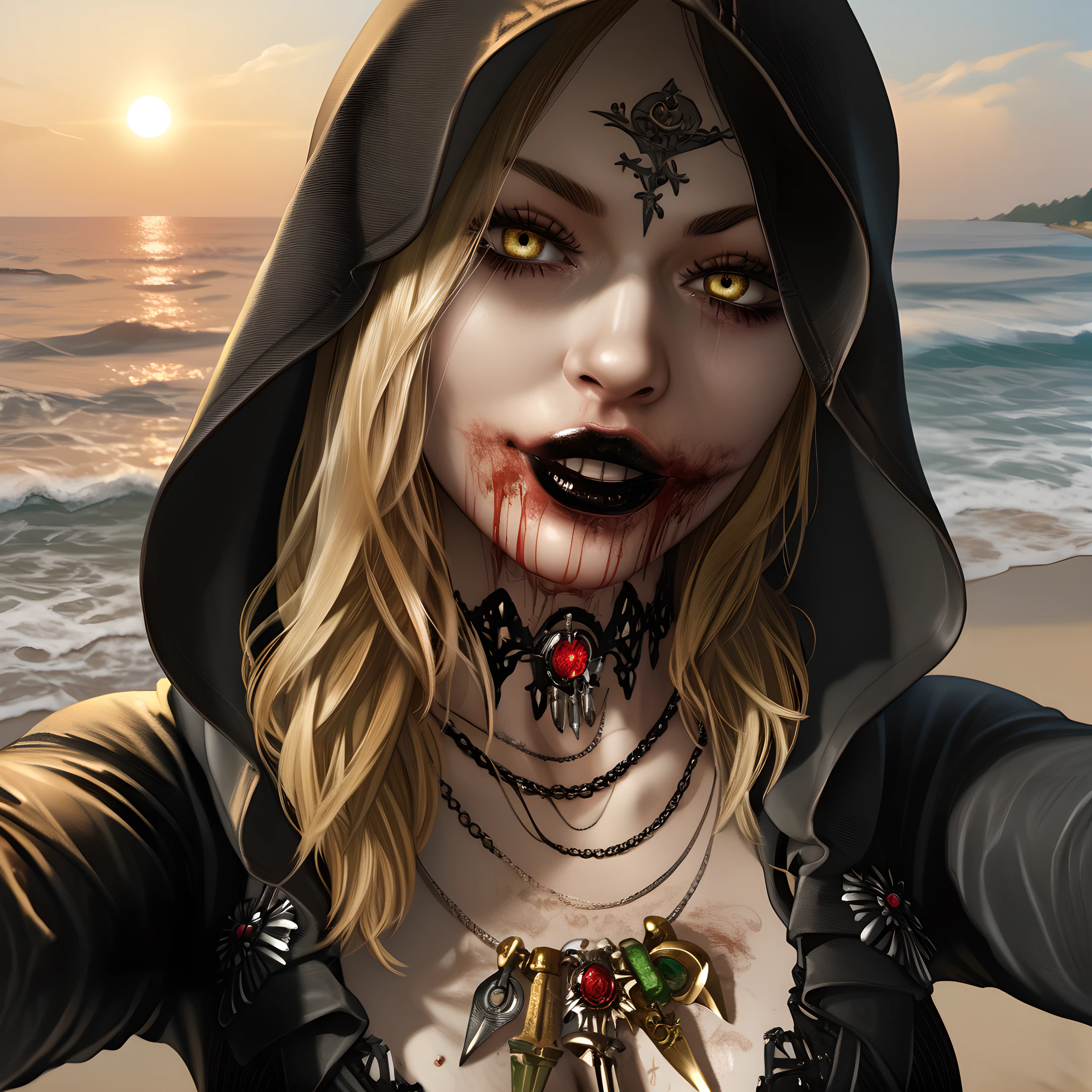 bela, 1girl, solo, blonde hair, hood, jewelry, long hair, necklace, blood, looking at viewer, yellow eyes, hood up, black lips, blood on mouth, <lora:Bela_Dimitrescu_-_Resident_Evil_Village:0.9>
BREAK
level_9, level_8_up, level_7_up, level_6_up, level_5_up, source_cartoon, masterpiece 
BREAK
on the beach, beach, ocean, sun, selfie