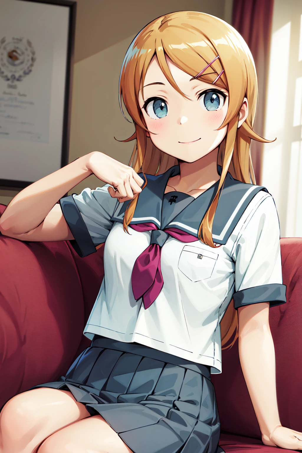 masterpiece, best quality, highres, aakirino, long hair, hairclip, school uniform, grey sailor collar, purple neckerchief, white shirt, short sleeves, pleated skirt, grey skirt, <lora:kousaka_kirino_v1:0.7>,  sitting, crossed legs, living room, sofa, smile