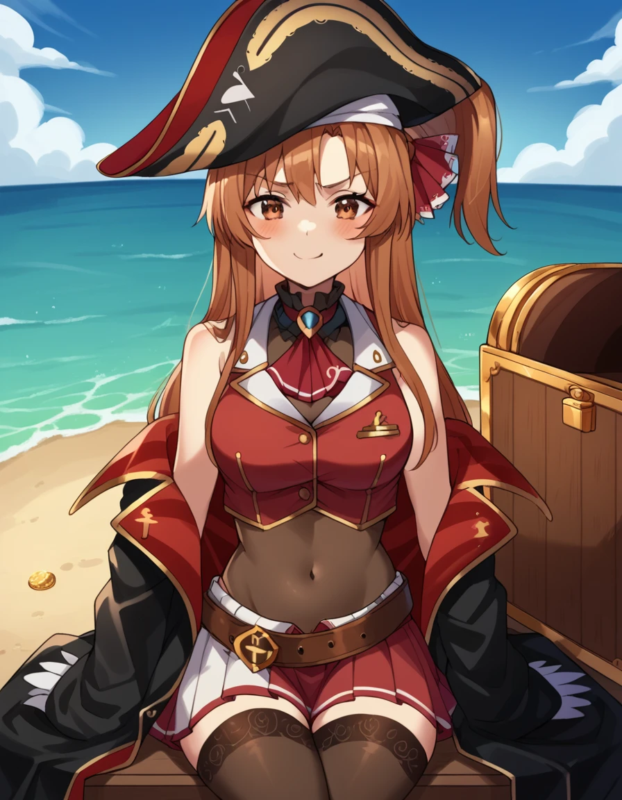 score_9, score_8_up, score_7_up, source_anime, asunayuuki, <lora:asuna-yuuki-s1-ponyxl-lora-nochekaiser:1>, asuna yuuki, long hair, brown hair, brown eyes,, <lora:marine-houshou-cosplay-ponyxl-lora-nochekaiser:1>, marinehoushoucosplay, houshou marine \(cosplay\), ascot, belt, black choker, black coat, black thighhighs, brown belt, covered navel, cropped jacket, frilled choker, frills, jacket, leather belt, leotard, leotard under clothes, pirate hat, pleated skirt, red ascot, red coat, red jacket, red ribbon, red skirt, skirt, sleeveless, sleeveless jacket, thighhighs, two-sided coat, two-sided fabric,, outdoors, ocean, blush, smile, sitting, treasure, gold, treasure chest, smug, blue sky, clouds, boat, pirate ship,, cowboy shot, dutch angle, solo,