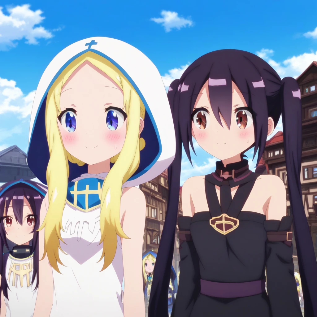 score 9, score 8 up, score 7 up, multiple girls, 2girls, blonde hair, smile, twintails, outdoors, hood, black hair, long hair, blush, bare shoulders, day, sky, closed mouth, brown eyes, purple eyes, sleeveless, blue eyes, upper body, sidelocks, cloud, blue sky, hair between eyes, black dress, building, shirt, hood up, sweatdrop, detached sleeves, purple hair, looking at another, white shirt, dress, sleeveless shirt, white dress,  <lora:rufuria_rakira rpg_fudousan:1>,