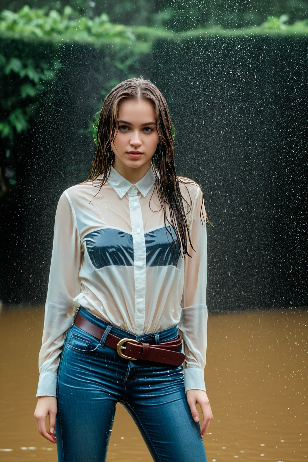 wetgirl, standing in the rain, water drop, wet hair, wet silk shirt, shirt tucked into skinny jeans, belt, looking at viewer, photographed on a Fujifilm XT3, 80mm F/1.7 prime lens, cinematic film still, cinestill 500T, highly detailed, masterpiece, highest quality, intricately detailed, HDR, 8k, uhd, photorealistic, <lora:wetgirl_v2:0.75>