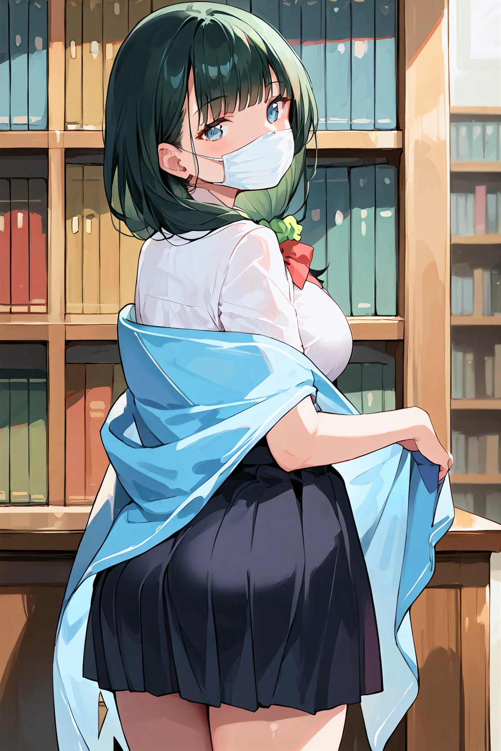 score_9, score_8_up, score_7_up, , score_ANIME, , sssshass, 1girl, , solo,, black hair, surgical mask,, blue eyes,, long hair, (shawl:1.5), , looking at viewer, black skirt, white shirt, bangs, red bowtie, standing, green hair scrunchie, cowboy shot, large breasts, low side ponytail,   , school, thighs, indoors,  looking back,  from behind,  <lora:sssshass_pony:1>, library,