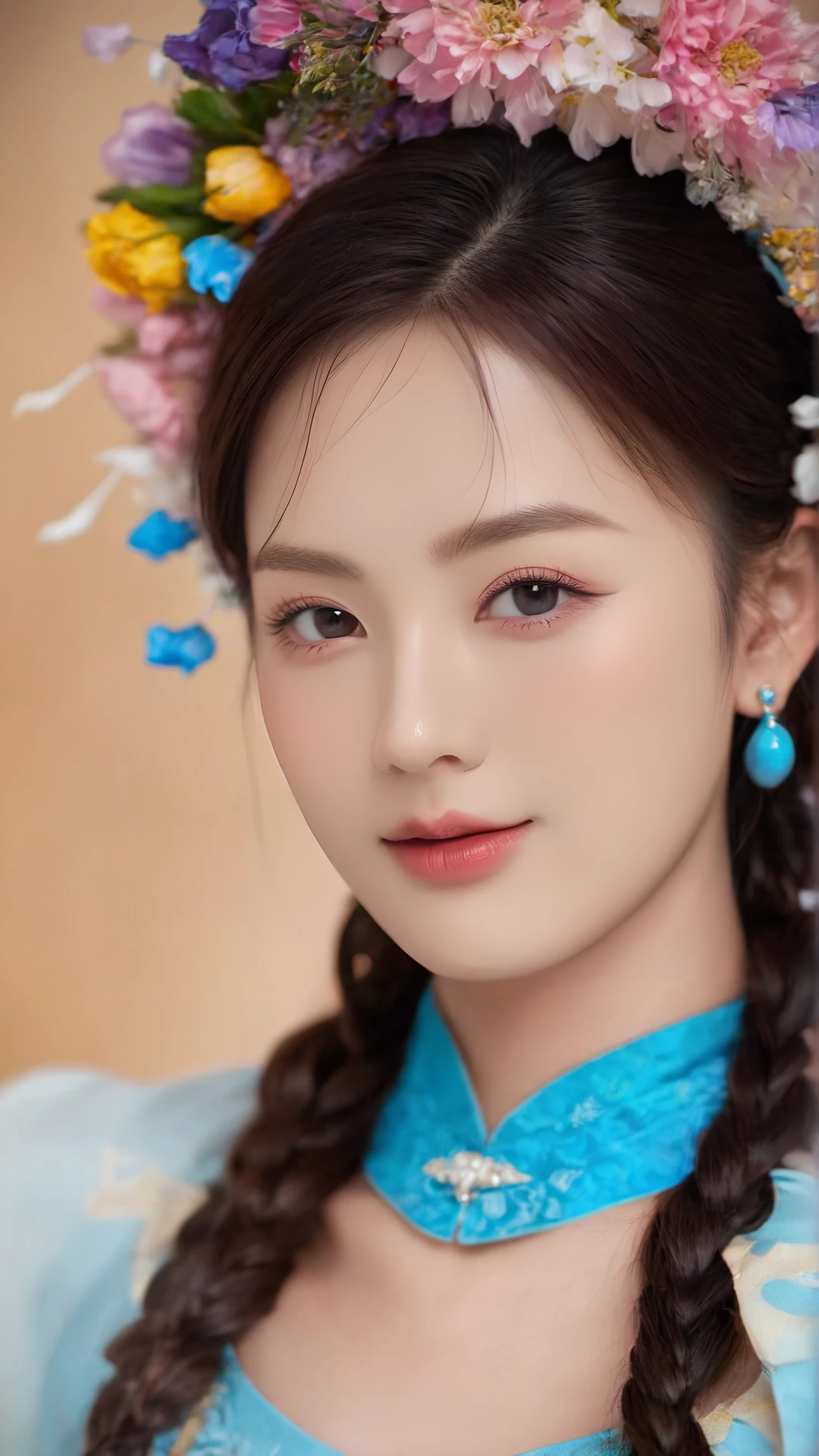 (((Best quality, masterpiece, ultra high res, ultra-detailed, ultra realistic, depth of field, film grain, bokeh))), (full body shot), (((beautiful background))), 1girl, (((flowers headband))), actress, music idol, (((smile))), happy, (lying ), (((outstretched arms ))), (((seductive outfit))), (((wear hanfu))), ((light blonde hair)), graceful neck and shoulders, (((huge breasts))):1.5, (((nipples, pussy, pubic hair))), perfect body, big butt, wide hip, thigh highs, beauty legs, dreamy blue eyes, (glossy lips):1.5, (close lips):1.5, detailed skin texture, (((looking at viewer))), hair ornament, necklace, earrings, rings, mystery, majestic, scenery, exquisite, stunning, delicate, elegant, glowing, graceful, charming, alluring, seductive, erotic, enchanting, mesmerizing, femininity, ethereal, shiny, (((rimlight, perfect shadows, gorgeous light and shadow, stunning environment, subsurface scattering, sharp focus, extravagant and vivid composition, meticulously staged framing, focus on intricate details, vibrant and surreal colors))), <lora:FlowersHeadband:0.8>, necklace , soft lighting,gorgeous light and shadow, stunning environment,vibrant colors, long hair , Straight hair , black hair