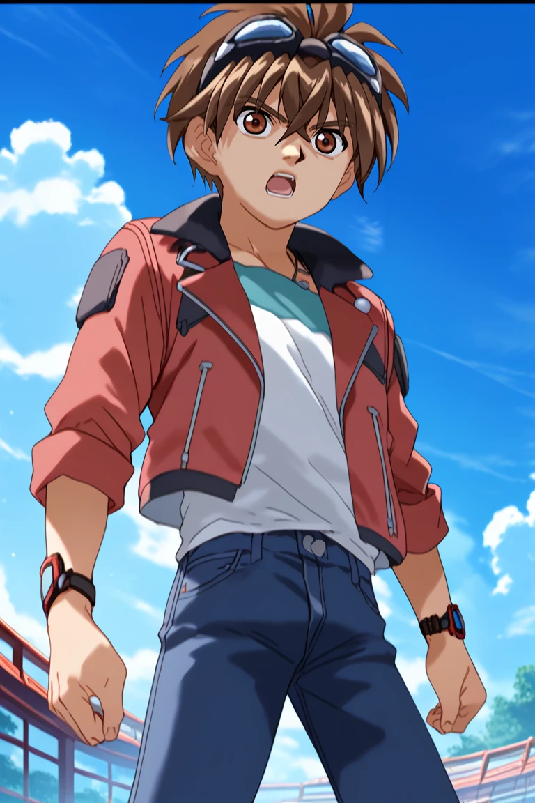 score_9, score_8_up, score_7_up, score_6_up, detailed, intricate details,best quality ,source_anime, cowboy shot,
dan_ms, brown hair, brown eyes, goggles on head, red rolled up sleeves jacket, white shirt, blue pants, 1boy, male focus, solo, parody, goggles, jacket, pants, jeans, cloud, denim, open mouth, shirt<lora:EMS-422566-EMS:1.000000>