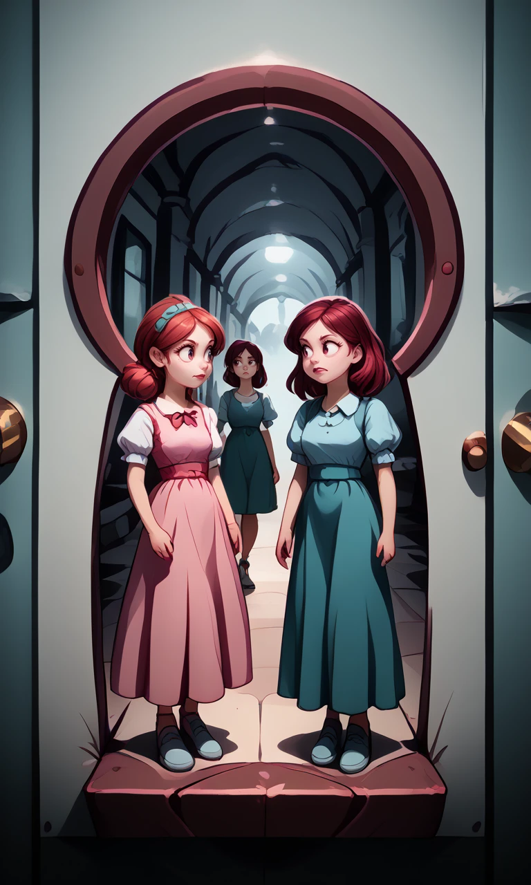 <lora:Keyhole_Art_Pony:1.5>, keyhole_art, simple_foreground, keyhole_view, 3 girls, looking out of keyhole, source_cartoon, score_9, score_8_up, score_7_up,