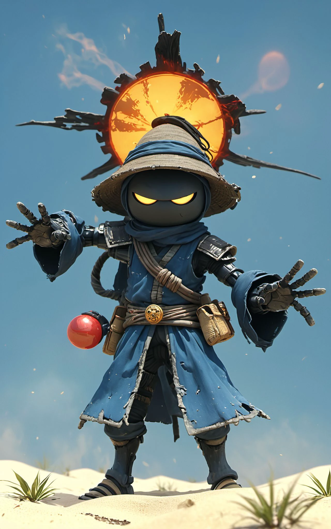 XUER Pixar style,<lora:绪儿 皮克斯风格 XUER Pixar style:0.8>,
Capture the essence of a weathered,worn-out cyborg ninja amidst a swirling dust and electricity storm. Bent forward,obscured beneath a large,round sedge hat,their face barely visible. With arms outstretched,each hand holds a hovering,semi-molten red-gray orb. Against the backdrop of the sun,they stand in a desolate,bleached white sand desert.,