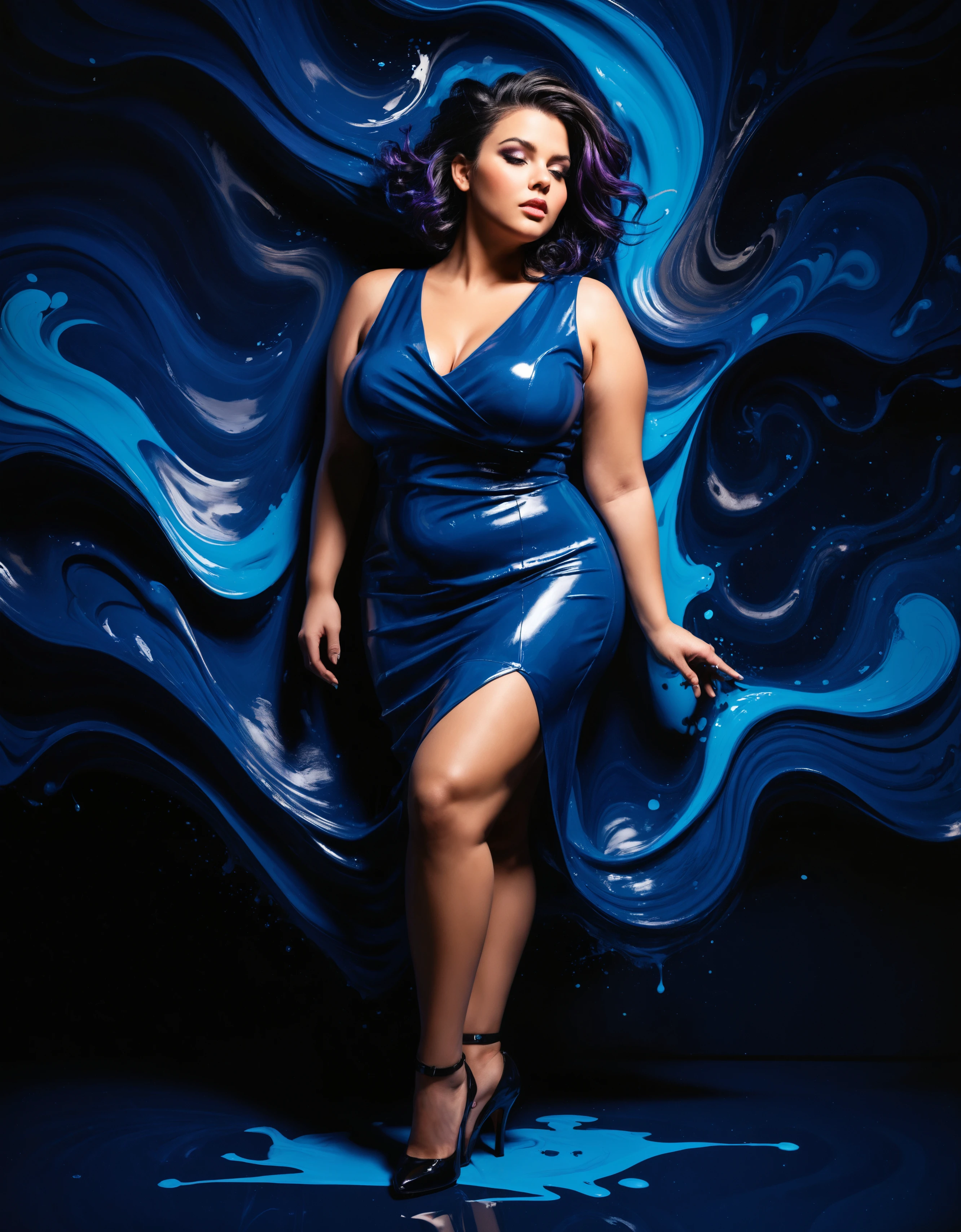 zavy-lqdprtrt, liquid paint, overhead angle of a full-figured (Female:1.3) , the Girl is very Impeccable, Environmentalist, chin of Hope, in Sheath dress and pumps, Trendy hairstyle, dark black roots, Cold Lighting, F/2.8, dark indigo neon hue, atmosphere, sharp focus, luxurious, magical composition, best