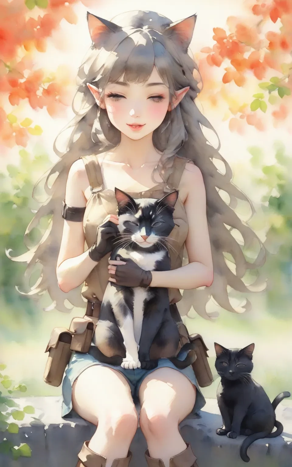 1girl, 
sfch, glowing, brown footwear, boots, belt pouch, headpat, parted lips, black gloves, solo, animal on lap, looking at viewer, cat, outdoors, collarbone, gloves, forest, closed eyes, thigh pouch, pointy ears, nature, fingerless gloves, single glove, grey eyes, red eyes, sleeping, animal, smile, shorts, long hair, on lap, sitting, day, bare shoulders, pouch, 
masterpiece, newest, absurdres, safe
 <lora:sfch:1>