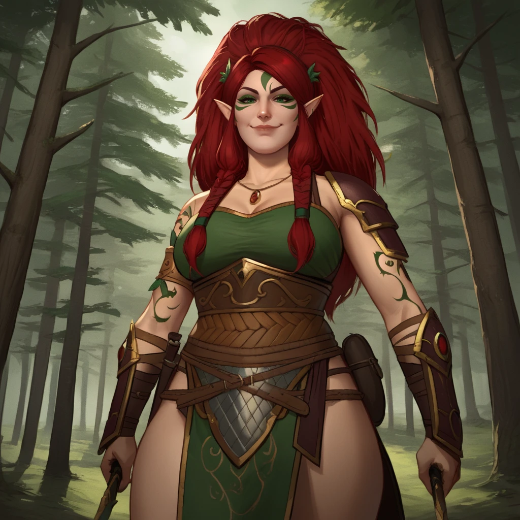 score_9, score_8_up, source_anime, low angle,
BladeSinger, mature woman, voluptuous, armor, facepaint, facial mark, arm tattoo, long hair, green eyes, red hair, pointy ears, solo,
looking down at viewer, smug, eyebrow raised, smile,
forest background, trees,
<lora:BladeSinger:0.8>