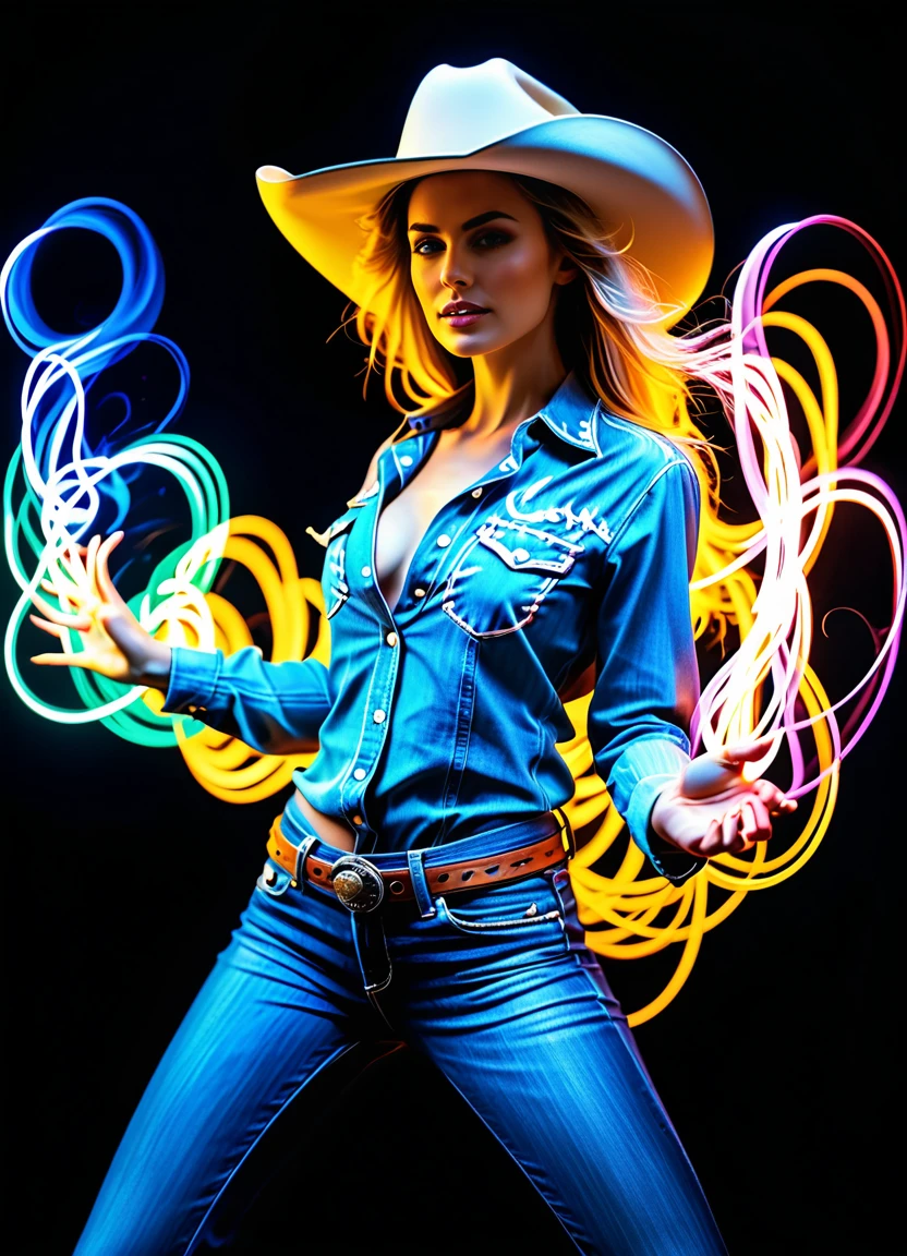 (masterpiece, best quality:1.4), light painting, (long exposure:1.2),dynamic streaks, luminous trails, vibrant colors, fluid movement, captivating patterns, creative experimentation,(adult woman),(highest detailed),(cowboy shot:1.2),dynamic pose <lora:SymBIOic_Hair:0.9> symb10ic