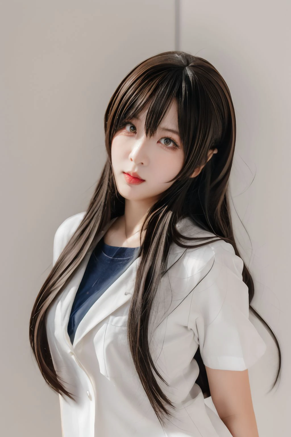 1girl, medium breasts, looking at viewer, realistic, photorealistic, long hair, lips, hyper detailed, super sharp, crisp, smooth, smooth gradients, depth of field, (in studio: 1.1), (white background: 1.1), <lora:xuanxiaoxuejie:1>, <lora:breastsizeslideroffset:-0.35>, <lora:add_detail_v5:1>, cosplay, student uniform, serafuku