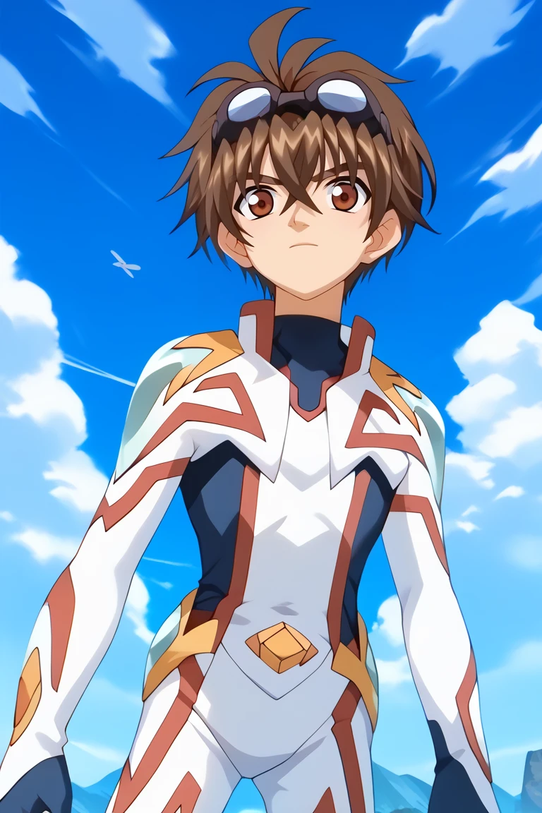 score_9, score_8_up, score_7_up, score_6_up, detailed, intricate details,best quality ,source_anime, cowboy shot,
dan_bd, brown hair, brown eyes, white bodysuit, goggles on head, 1boy, male focus, sky, goggles, solo, cloud, day, bodysuit, blue sky<lora:EMS-422566-EMS:1.000000>