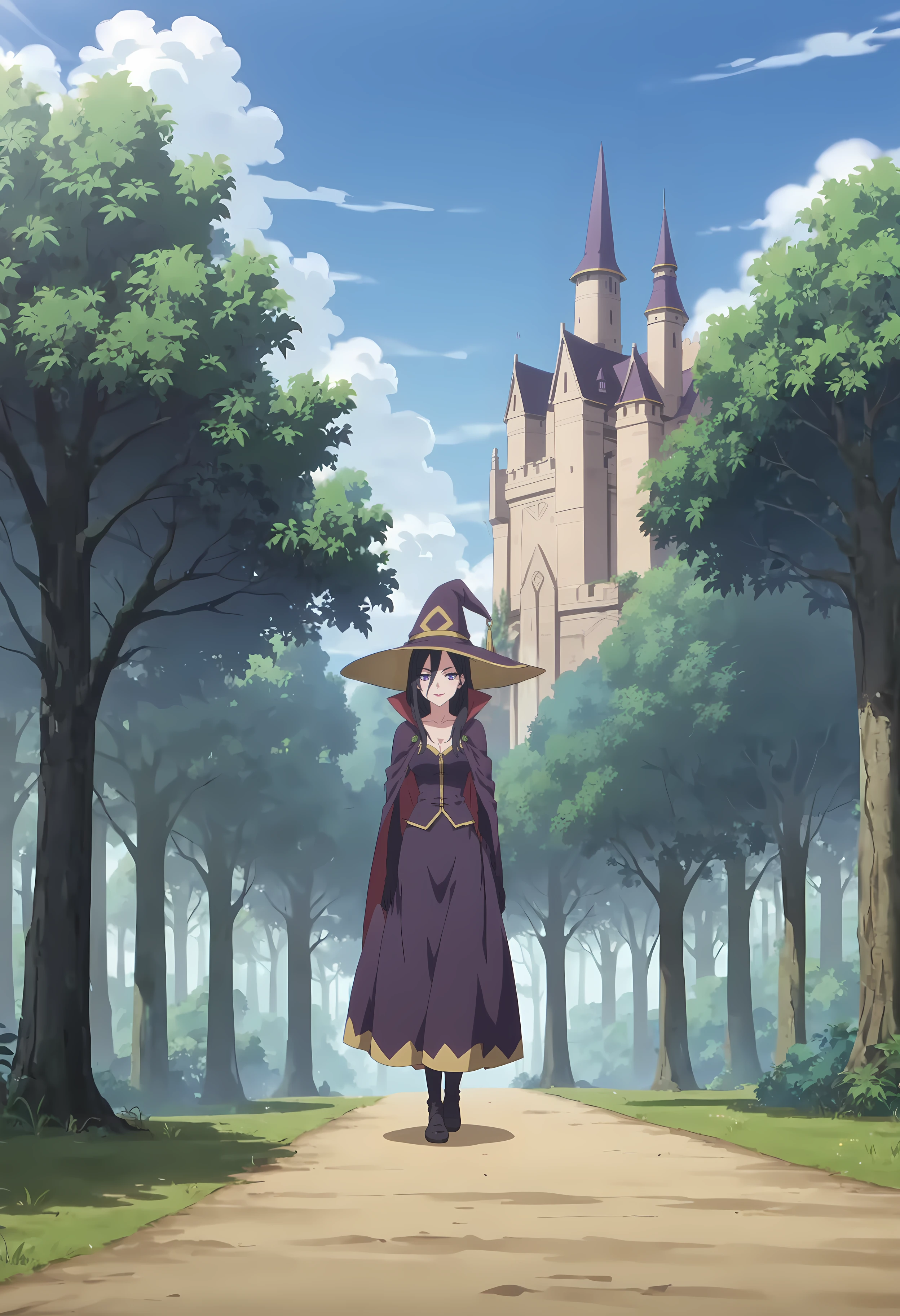 score_9, score_8, score_8_up, score_7_up, score_6_up, 1girl, cefrio, dark purple outfit, gloves, witch hat, black hair, purple eyes, anime screencap, line art, flat colors, long cloak, standing, potrait, smile, outdoors, sky, forest, castle,<lora:Cefrio:0.68>