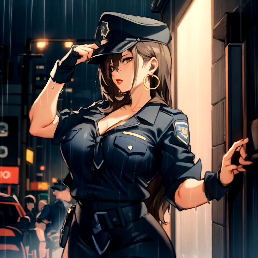 masterpiece, best quality, <lora:BlazeFielding:0.9>, Blaze Fielding, brown hair, long hair, brown eyes, 1girl, solo, breasts, large breasts, cleavage, jewelry, earrings, makeup, dark lipstick, hoop earrings, looking at viewer, (determined), standing, ((police uniform, shirt, skirt, necktie, bade)), ((police hat, policewoman)), ((noir))
BREAK
streets of rage, outdoors, city, night, 4k, intricate, remarkable, (rain, rainy night) short sleeves, Dark Colors, Sleek and Tailored, Dramatic and Mysterious, police car, ((red and blue lights))