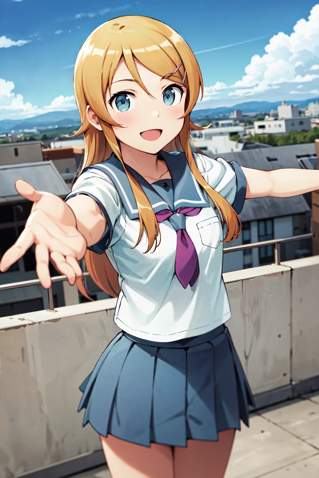 masterpiece, best quality, highres, aakirino, long hair, hairclip, school uniform, grey sailor collar, purple neckerchief, white shirt, short sleeves, pleated skirt, grey skirt, <lora:kousaka_kirino_v1:0.7>, rooftop, blue sky, city, smile, open mouth, outstretched arms, standing, cowboy shot,