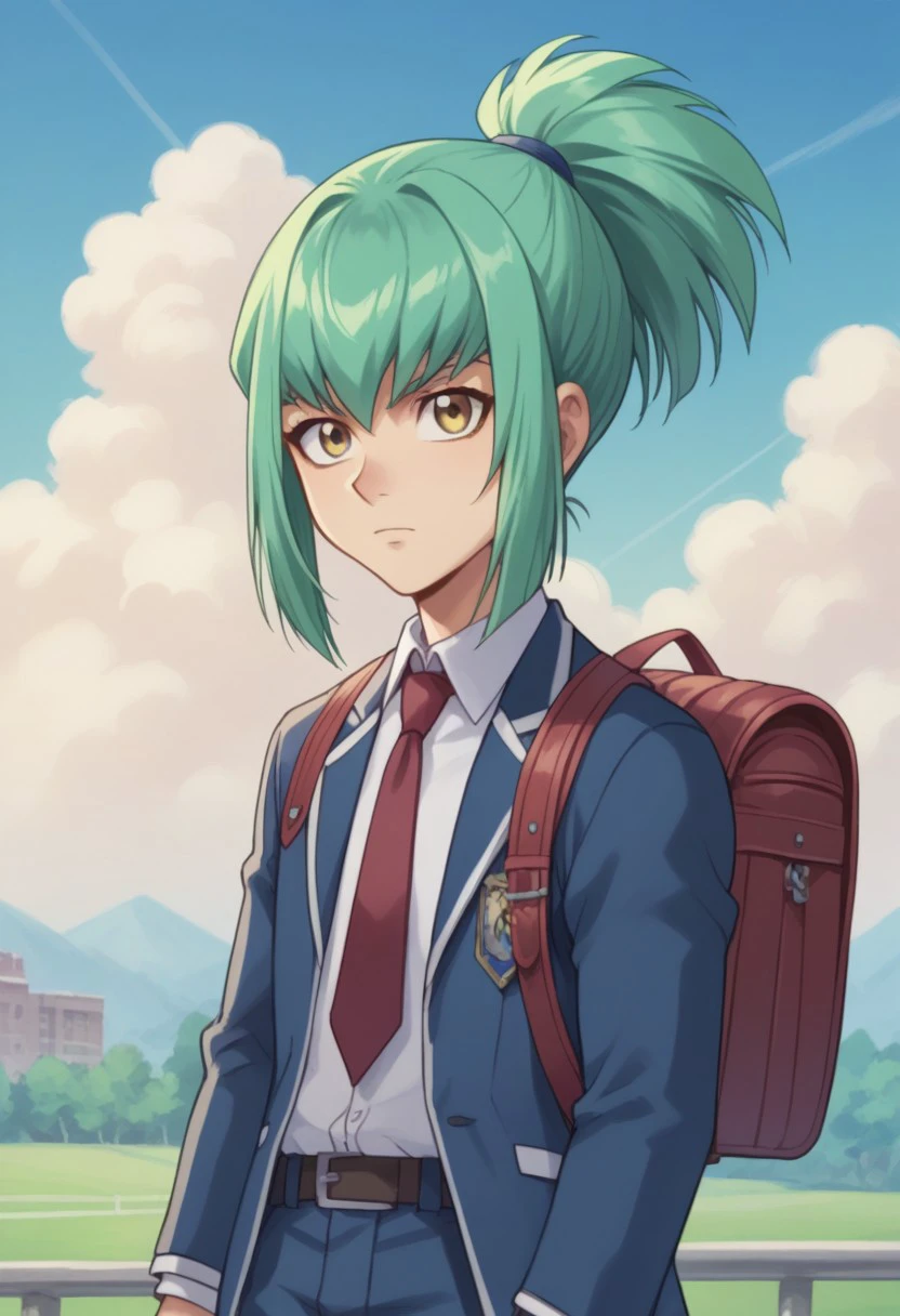 score_9, score_8_up, score_7_up, source_anime, highly detailed, 
leo5d, 1boy, male focus, yellow eyes, green hair, necktie, school uniform, upper body,
red necktie, bag, backpack, ponytail, parody, pants, blue pants,upper body,
outdoor, sky,