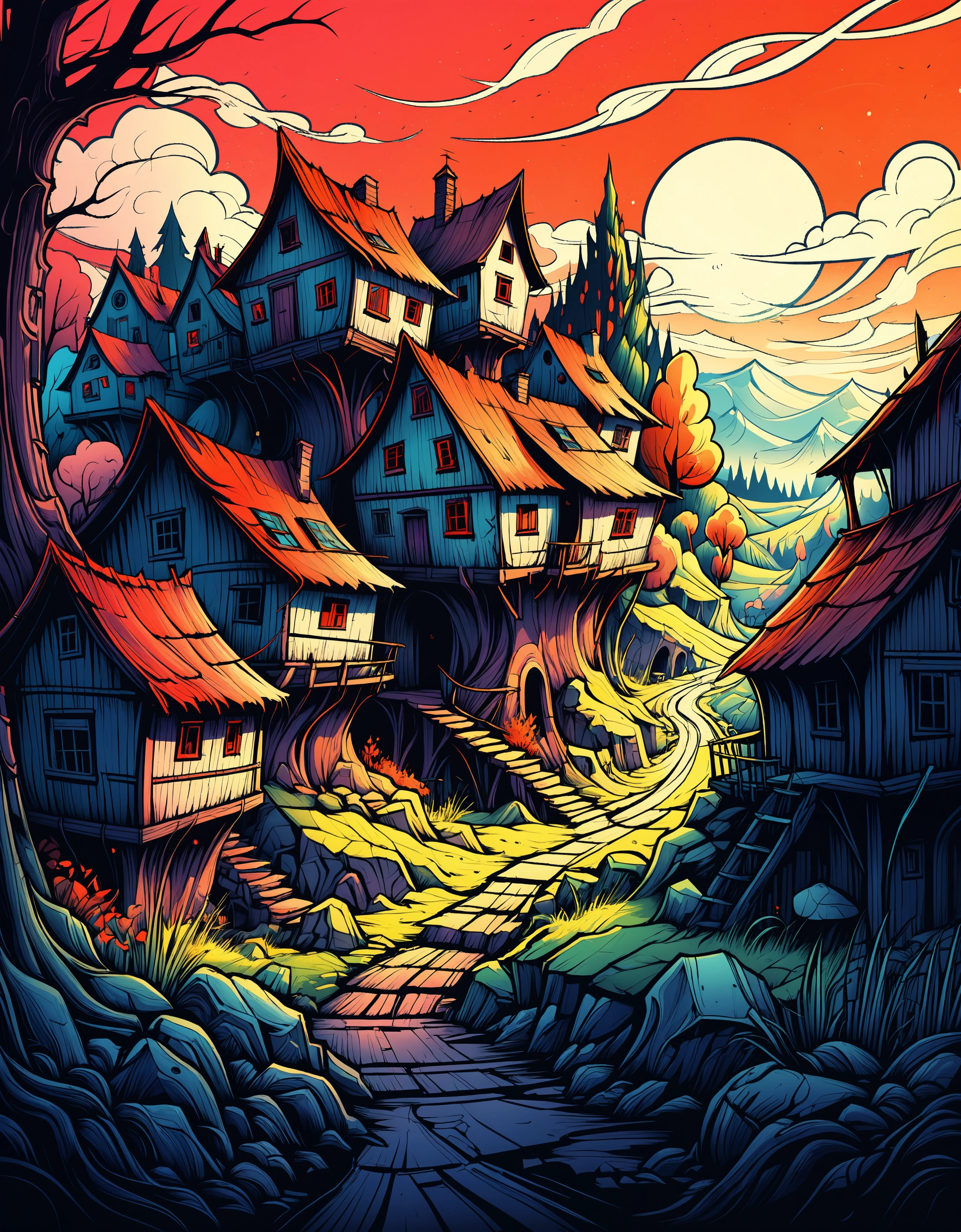 zavy-fltlnpnt, lineart, cel-shaded graphics, landscape of a Awful Lost Village, Cozy, Bauhaus Art, pleasant, confident, romantic, radiant, sublime, beautiful detailed, flowing, full color, vivid colors, beautiful detailed supreme quality color intricate