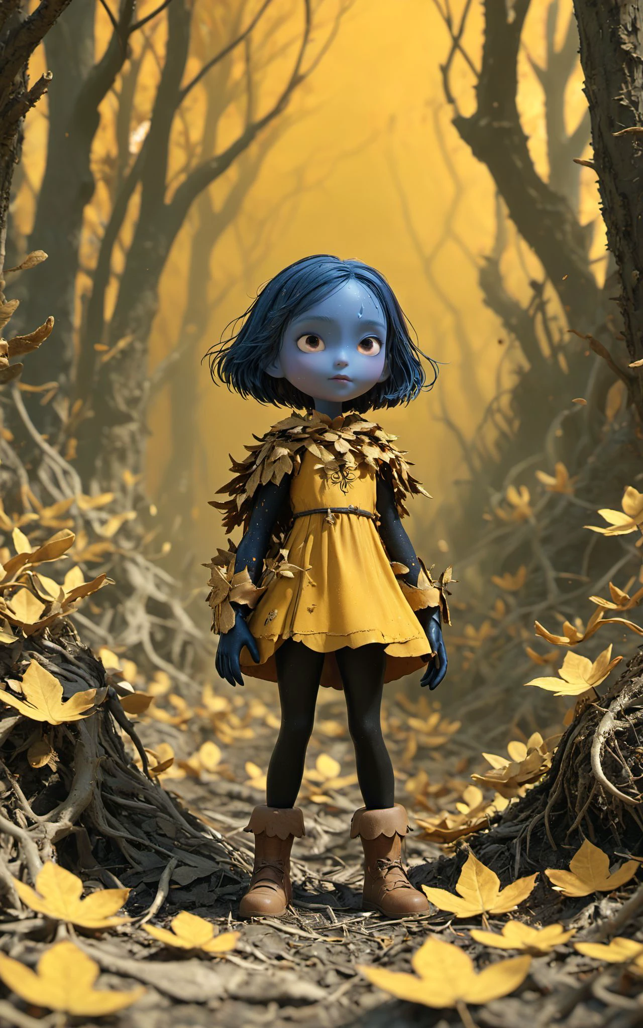 XUER Pixar style,<lora:绪儿 皮克斯风格  XUER Pixar style:0.8>,
REALISTIC,(gold, opal theme:1.4),
bailong plant girl,a girl made of dead plants,a lone girl composed of dead grass stands in an orange-themed landscape,she by the fallen leaves,olive and dark brown tones,reminiscent of dead plant matter,pieces of leaves and olive branches formed her hair,skin and clothes,showing an olive color,environment on the theme of autumn,brown dead plants and fallen leaves scattered on the ground,antler,
A three-year-old girl,XUER kids photography,child,with a high-end texture,in the style of fashion photography,magazine cover,Dynamic Angle,Dynamic posture,Perspective,High Point,pov,
(8k, RAW photo, highly detailed,masterpiece,  highest quality),rich colors,high contrast,full shot body photo of the most beautiful artwork in the world,cinematic light,fantasy,highres,(detailed face),ultra-realistic,high dynamic range,
photoreal,epic realistic,dark shot,shadows,darkness,contrast,layered colors,vivid colors,contrast,offcial art,colorful,splash of color,movie perspective,very aesthetic,disheveled hair,perfect composition,moist skin,intricate details,moody,epic,photorealistic,color  graded cinematic,
atmospheric lighting,award winning photo,film grain,A shot with tension,(Visual impact,giving the poster a dynamic and visually striking appearance:1.2),impactful picture,