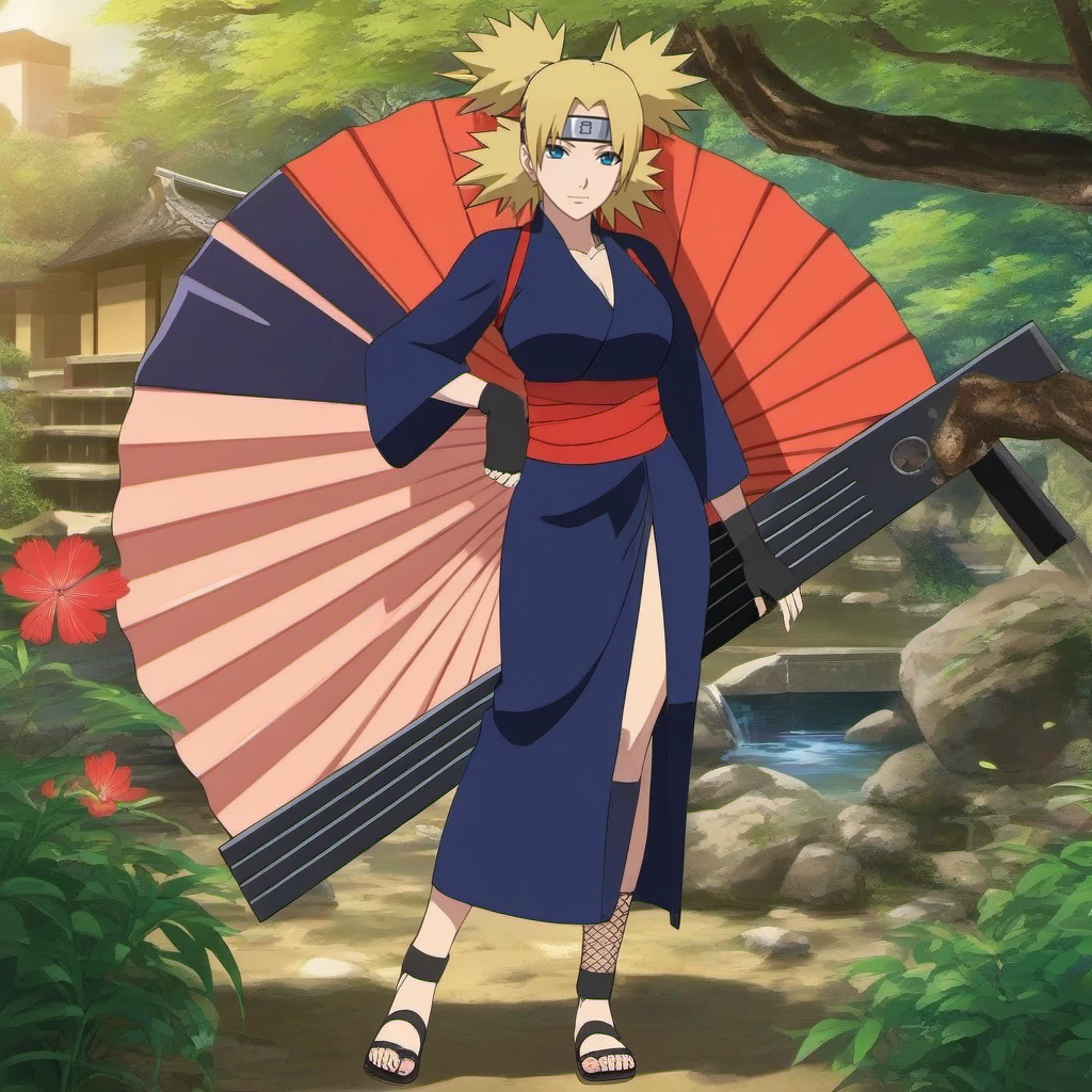 anime artwork 1girl, quad tails, blonde hair, fingerless gloves, forehead protector, blue eyes, hand fan, fishnet, japanese clothes, toeless footwear, large breast, japanese garden <lora:Temari1024:0.8> . anime style, key visual, vibrant, studio anime,  highly detailed