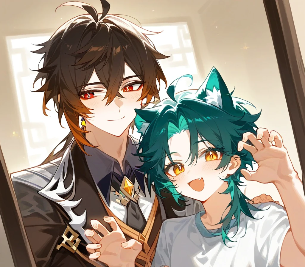 Zx, Zhongxiao,boylove, yaoi, couple, Zhongli_and_Xiao (Genshin Impact), multiple boy, 2boy, selfie, smile, take a photo, inside, animal ears, claw pose, wolf ear, cat ear