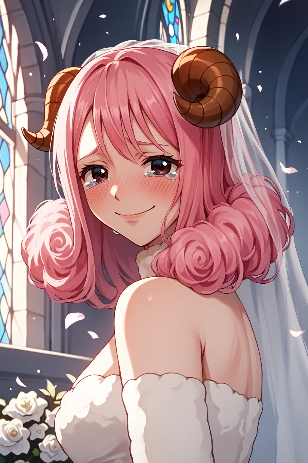 score_9, score_8_up, score_7_up, score_6_up, BREAK <lora:NSAriesFairyTail:1> NSAriesFaiTai, sheep horns, pink hair, medium hair, hair curls, heavy blush, cowboy shot, looking at the viewer, wedding dress, slight smile, tears of joy, church