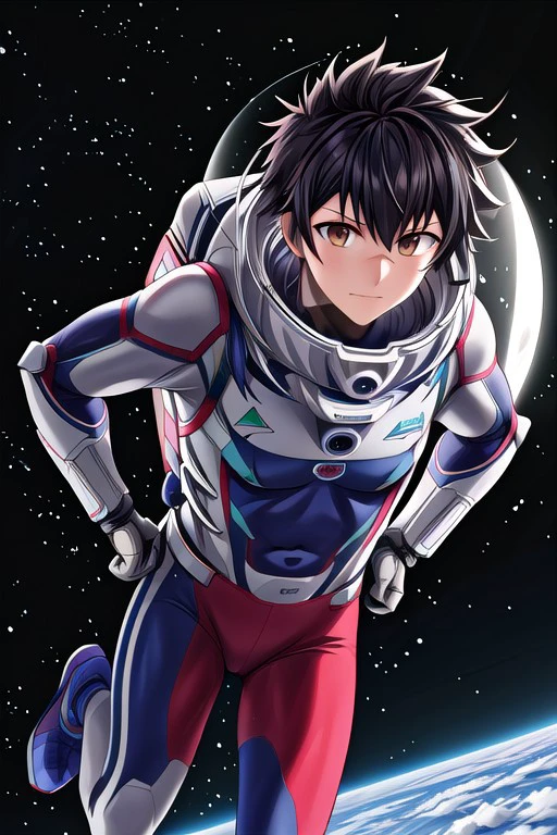 high resolution, solo, best quality, 1Boy, Kanata Hoshijima, Black hair, Brown Eyes, Space Suit, Space, Lost in Space, Astronaut,