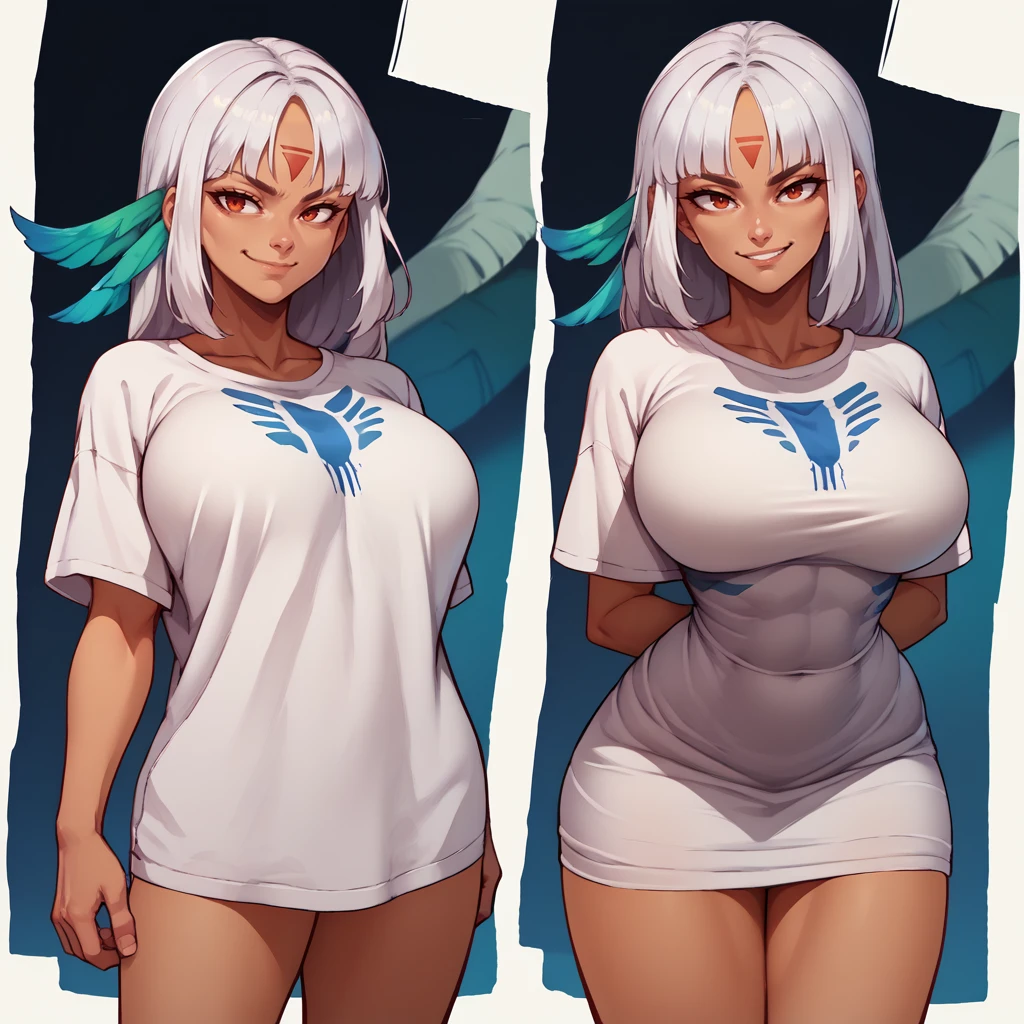 score_9, score_8_up, score_7_up, PajChall, multiple views, t-shirt, <lora:PajamasChallenge_pdxl_Incrs_v1:1>, arms behind back, cowboy shot, <lora:azurlane_massachusetts_ponyXL:0.9> almassdef, dark skin, forehead mark, body markings, white hair, feather hair ornament, smirk, large breasts,