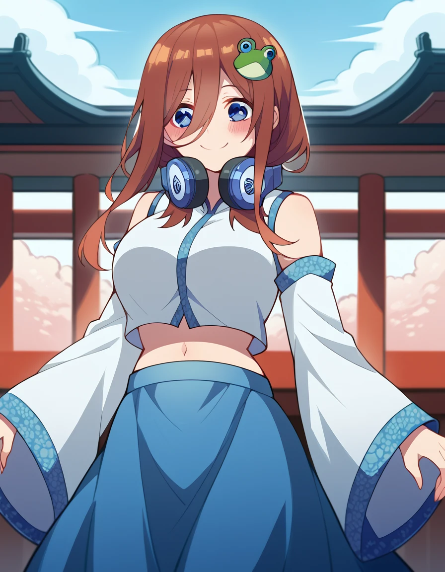 score_9, score_8_up, score_7_up, source_anime, mikunakano, <lora:miku-nakano-s2-ponyxl-lora-nochekaiser:1>, miku nakano, long hair, bangs, blue eyes, brown hair, hair between eyes, headphones, headphones around neck, large breasts,, <lora:sanae-kochiya-cosplay-ponyxl-lora-nochekaiser:1>, sanaekochiyacosplay, kochiya sanae \(cosplay\), blue skirt, crop top, detached sleeves, frog hair ornament, hair ornament, long skirt, long sleeves, midriff, navel, shirt, skirt, sleeveless, sleeveless shirt, white shirt, wide sleeves,, shrine, smile, blush,, cowboy shot, dutch angle, solo,