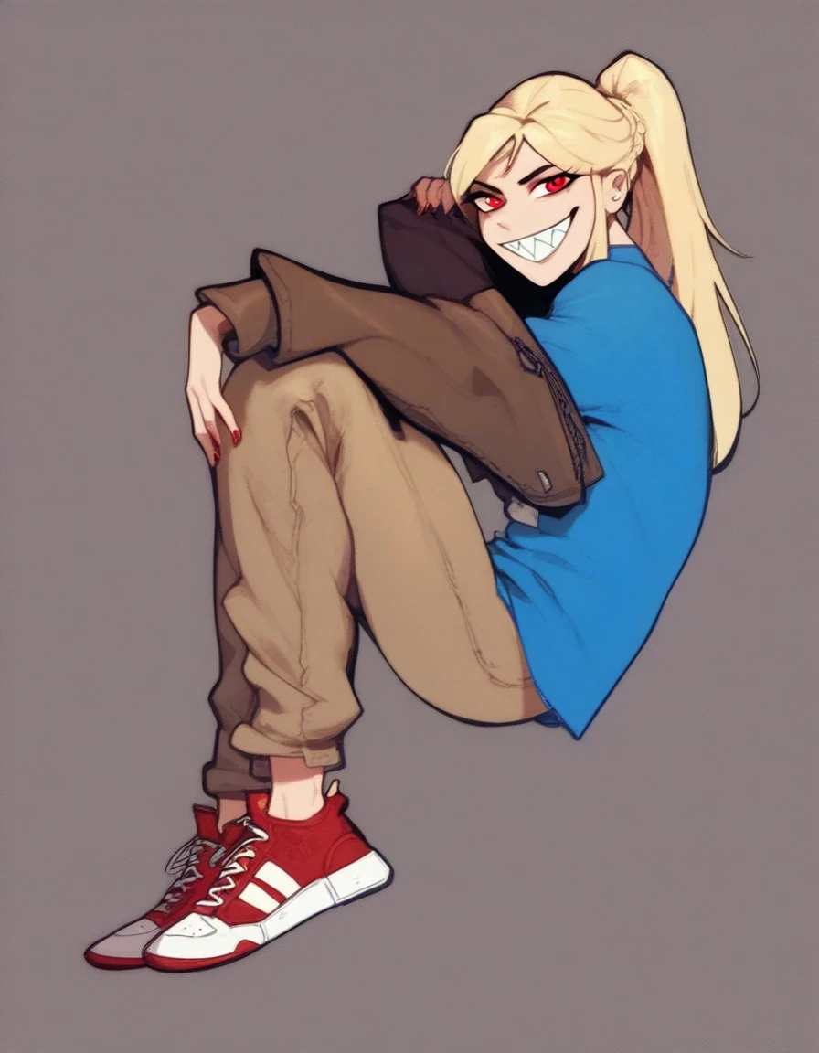 lilith, 1girl, solo, long hair, looking at viewer, smile, blonde hair, simple background, shirt, red eyes, long sleeves, brown jacket, full body, ponytail, shoes, teeth, pants, grin, blue shirt, sharp teeth, red footwear, sneakers, brown pants