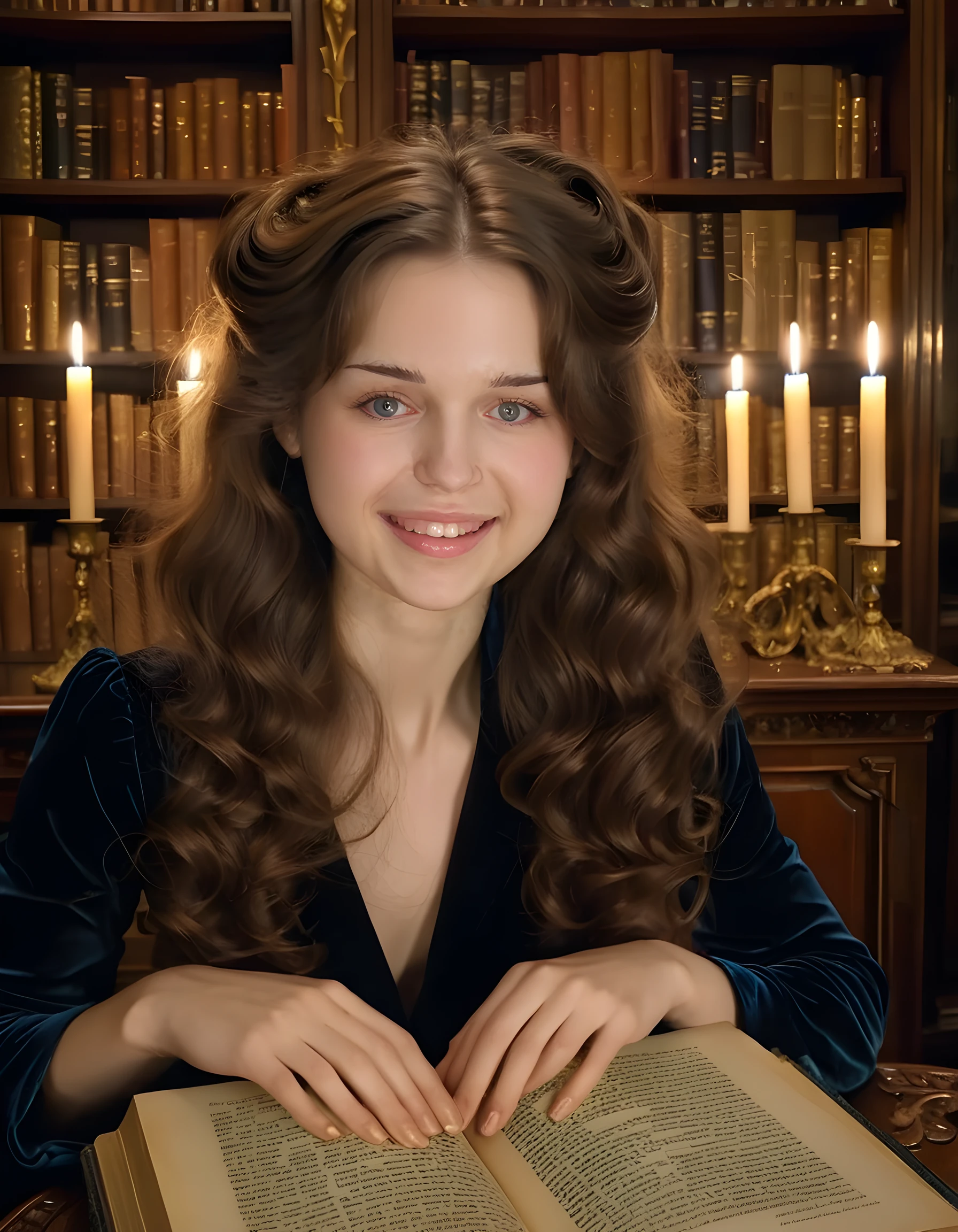 In a dimly lit, Victorian-era study, P0LY4, a woman with cascading brown tresses and an ethereal smile, is posed solo against the backdrop of an ornate, antique bookcase. Her eyes twinkle with mischief as she looks directly at the viewer from her seat on a plush velvet chaise lounge, her delicate fingers grasping the pages of a semi-transparent, gilded book. The soft glow of a single candle casting elongated, dancing shadows across the room, creating a surreal and captivating atmosphere that exudes an air of mystery and intrigue.