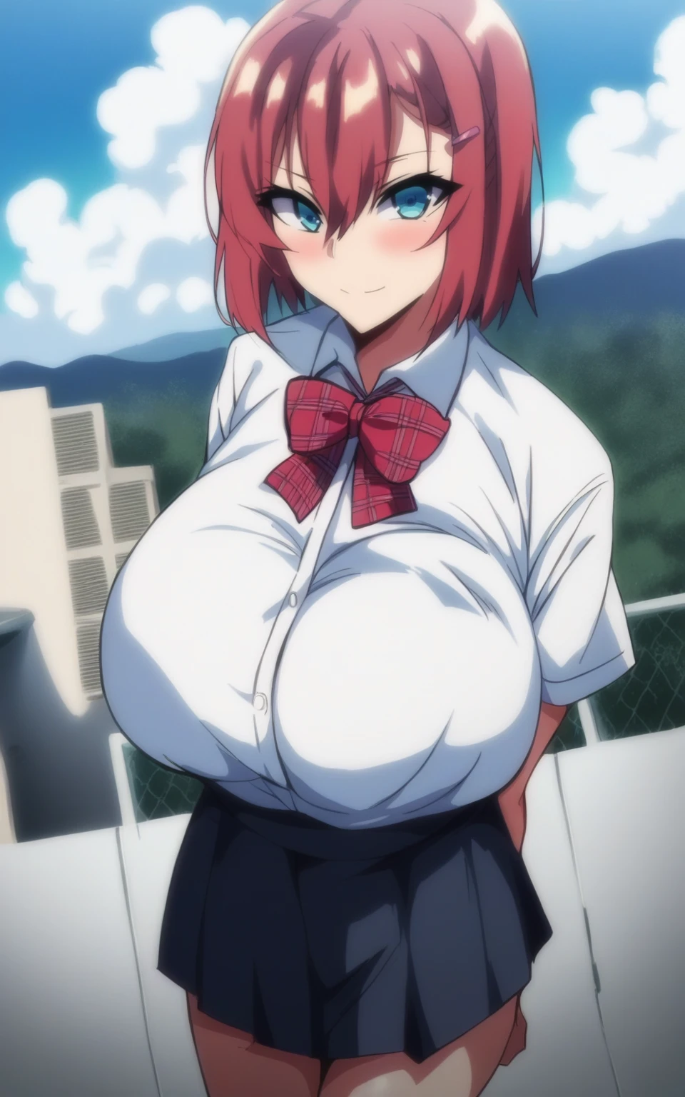 score_9, score_8_up, score_7_up, score_6_up, score_5_up, score_4_up, source_anime, akntsusmr artstyle, 1girl, solo, akanenanao, red hair, short hair, hair ornament, hairclip, blue eyes, blush, bow, hair between eyes, school uniform, white shirt, collared shirt, bowtie, red bow, plaid, red bowtie, plaid bow, plaid bowtie, black skirt, (standing), closed mouth, smile, , (standing), (cowboy shot), outdoors, rooftop, sky, clouds, looking at viewer, <lora:akanenanao:1>