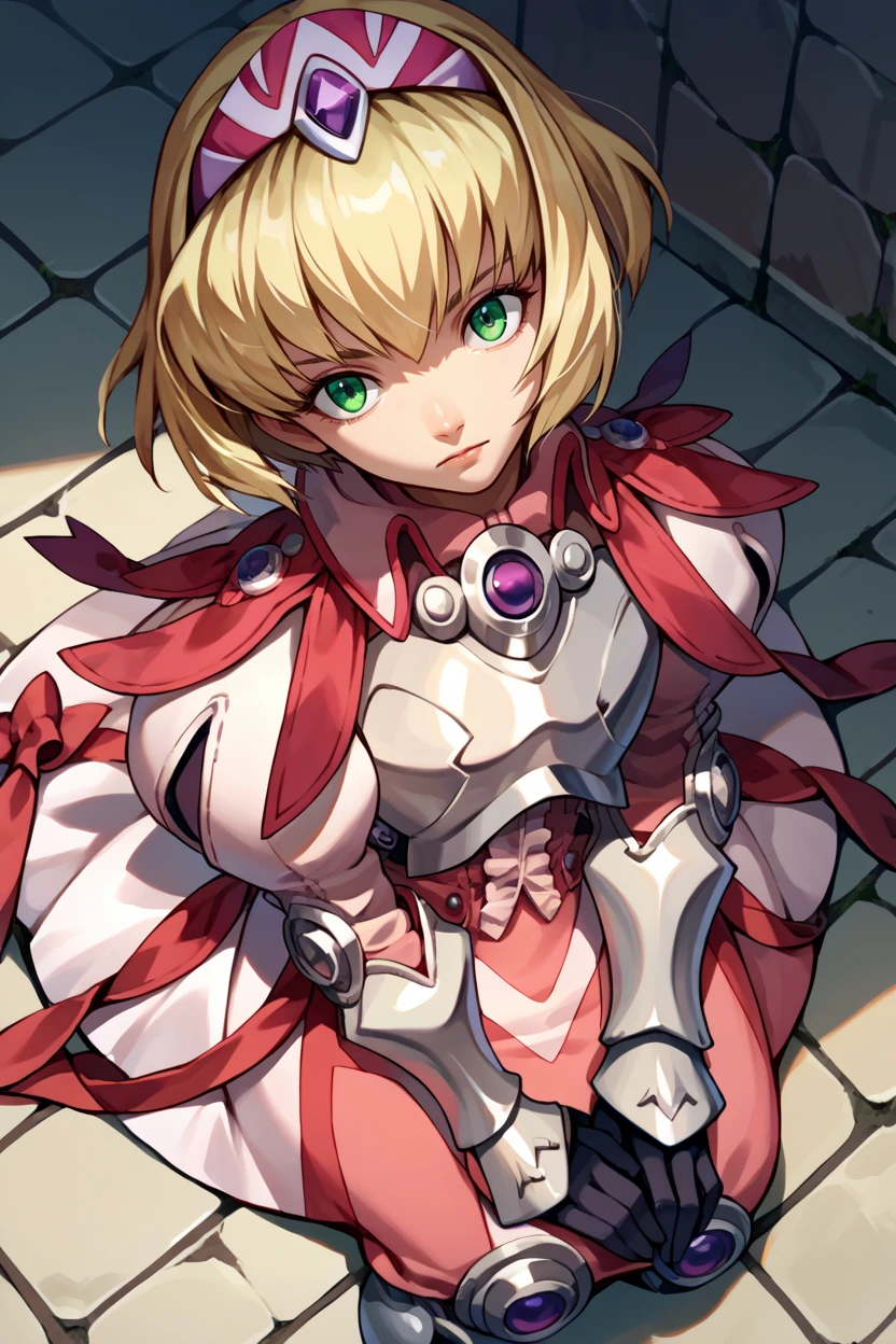 score_9, score_8_up, score_7_up, score_6_up, source_anime, 1girl, solo,  <lora:xfalexia-pdxl-nvwls-v1-000005:1> fenAlexia, short hair, blonde hair, hair ornament, gauntlets, armored dress, red bow, black gloves, sitting, looking at you, from above, head tilt