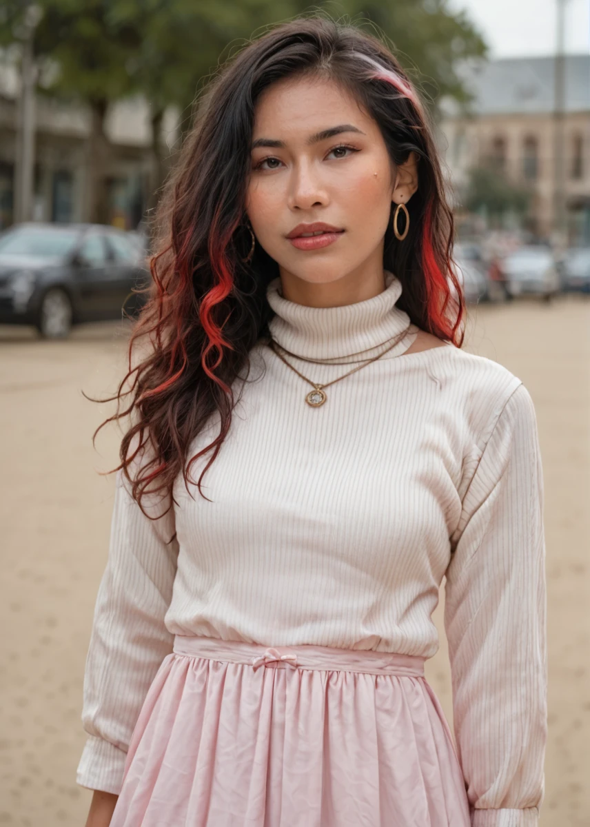 score_9, score_8_up, score_7_up, HDR photo of captivating masterpiece of an woman with long dark hair in a ((((neckholder dress with turtleneck)))), long earrings, necklace, half body, ((The use of high-shine gloss adds a touch of glamour to the look)), ((while the deep red and black hues give it a dramatic vibe)), blurred background, studio ligthing, facing camera, shallow depth of field, <lora:MS_Niki_Meow_V1_Pony:0.8>, High dynamic range, vivid, rich details, clear shadows and highlights, realistic, intense, enhanced contrast, highly detailed