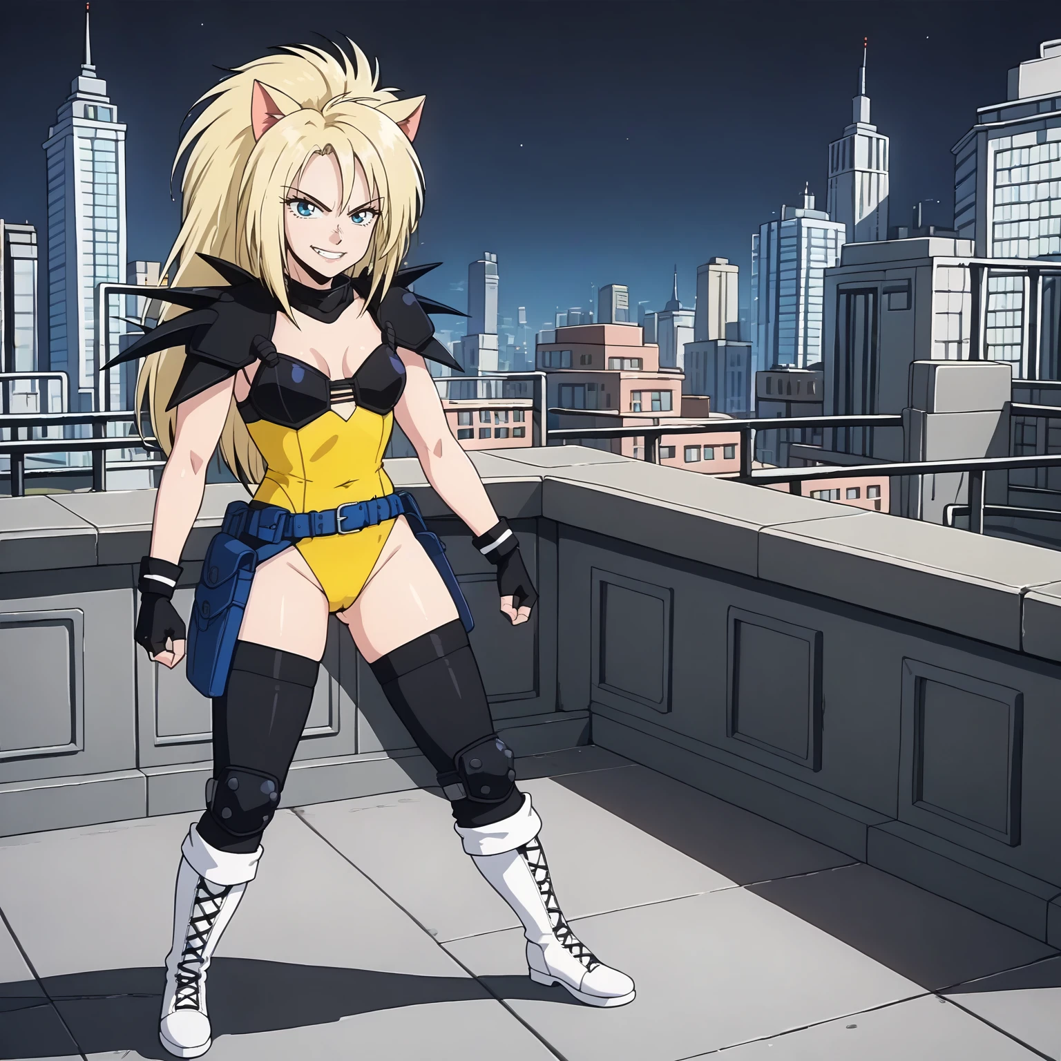 <lora:PumaSistersXLpony007:0.7>,
grin,looking at viewer,
solo,
PumaSisters,1girl,blonde hair,longhair,cat ears,blue eyes,
yellow leotard,shoulder armor,black chest armor,
fingerless gloves,
belt,pouch,
black thighhighs,
knee pads,white boots,
full body,standing,
outdoors,city,