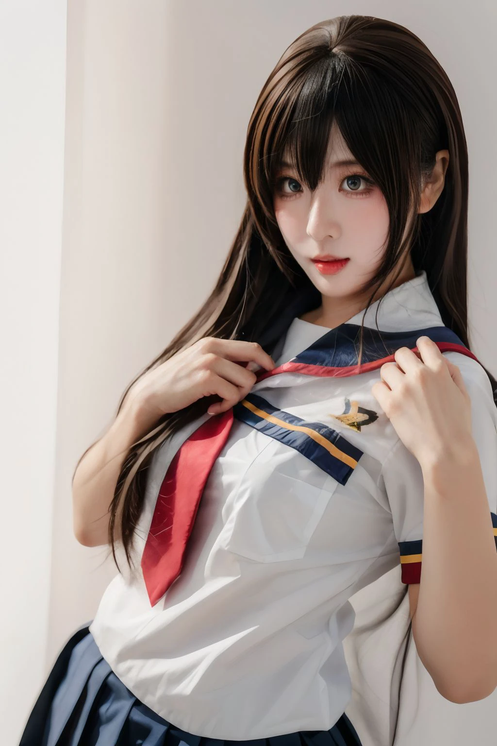 1girl, medium breasts, looking at viewer, realistic, photorealistic, long hair, lips, hyper detailed, super sharp, crisp, smooth, smooth gradients, depth of field, (in studio: 1.1), (white background: 1.1), <lora:xuanxiaoxuejie:1>, <lora:breastsizeslideroffset:-0.35>, <lora:add_detail_v5:1>, cosplay, student uniform, serafuku