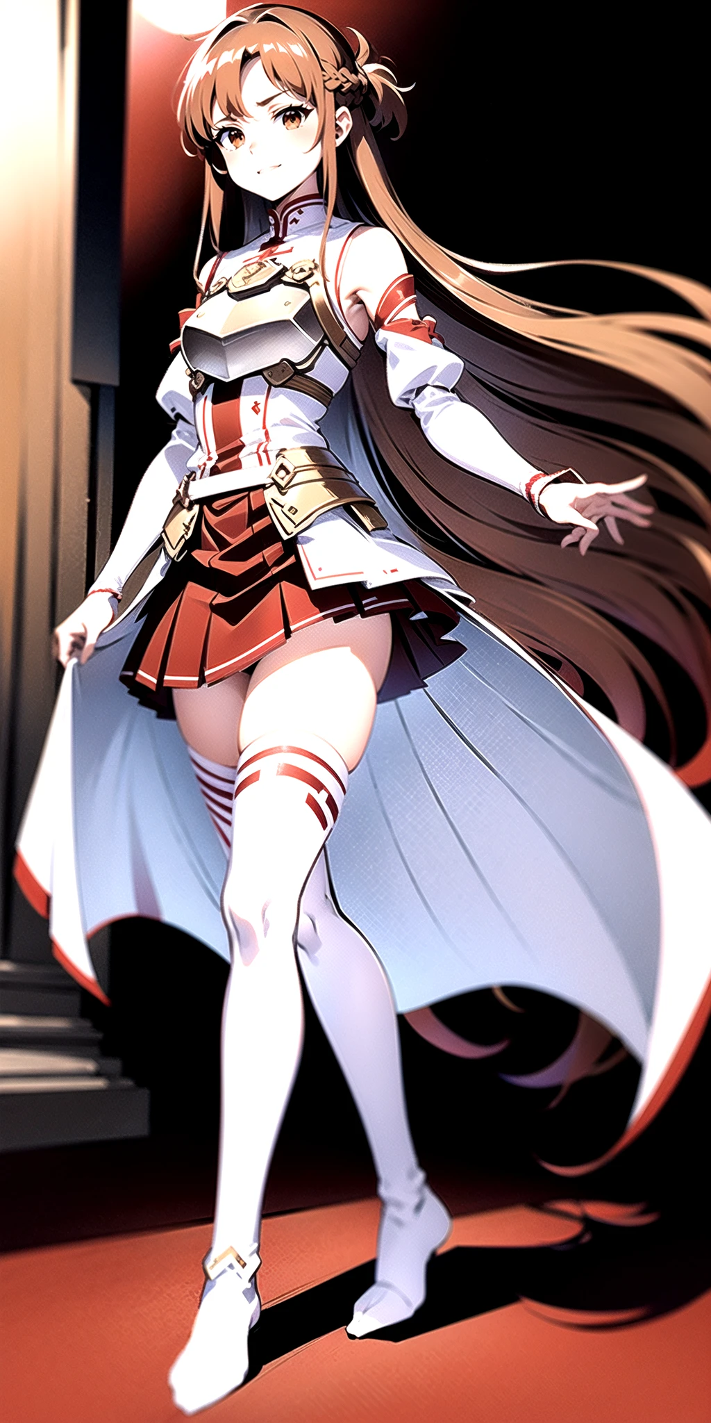 (asuna_first_uniform:1),1girl,full body,red pleated skirt,<lora:asunafirstuniform:1>.tall body, tall, long legs,simple background, indoors, long hair, brown hair, brown eyes, solo, weapon, sword, thighhighs, skirt, smile, armor, breastplate, detached sleeves, white thighhighs removed, bare legs, barefoot, looking at viewer, bare shoulders, red skirt, very long hair,white background