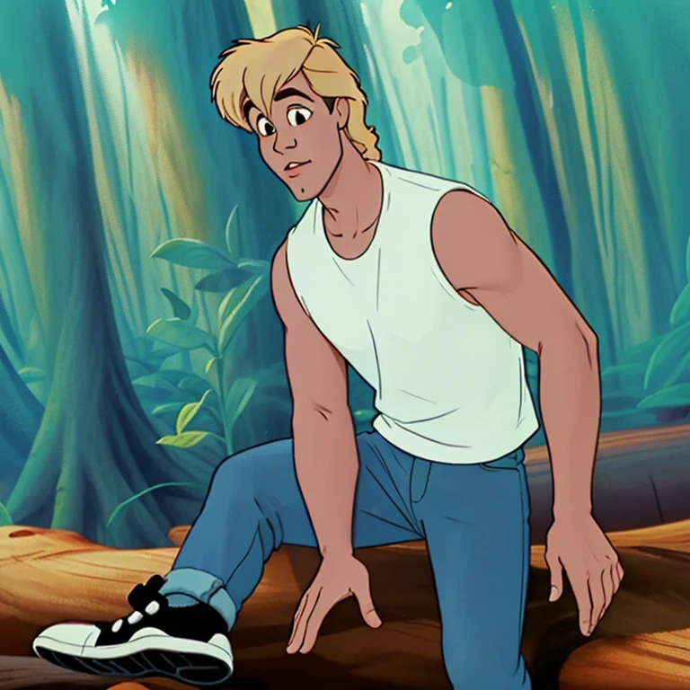 <lora:Zak V1.0-HH-000020:0.75> z9k5, 1boy,disney style animation drawing, drawing with dark lines, flat colors
1boy,man, white tank top, jeans, sneakers, forest
 <lora:DisneyRenV2:0.1> disneyrenaissance style