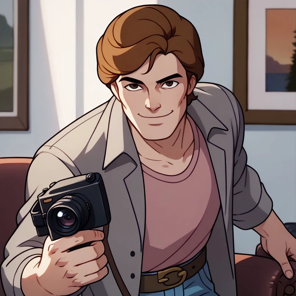 score_9, score_8_up, score_7_up BREAK PeterTAS, 1boy, brown hair, brown eyes, open gray jacket, pink tucked undershirt, brown belt, golden buckle, jeans, gray shoes, smiling at viewer, holding photo camera,